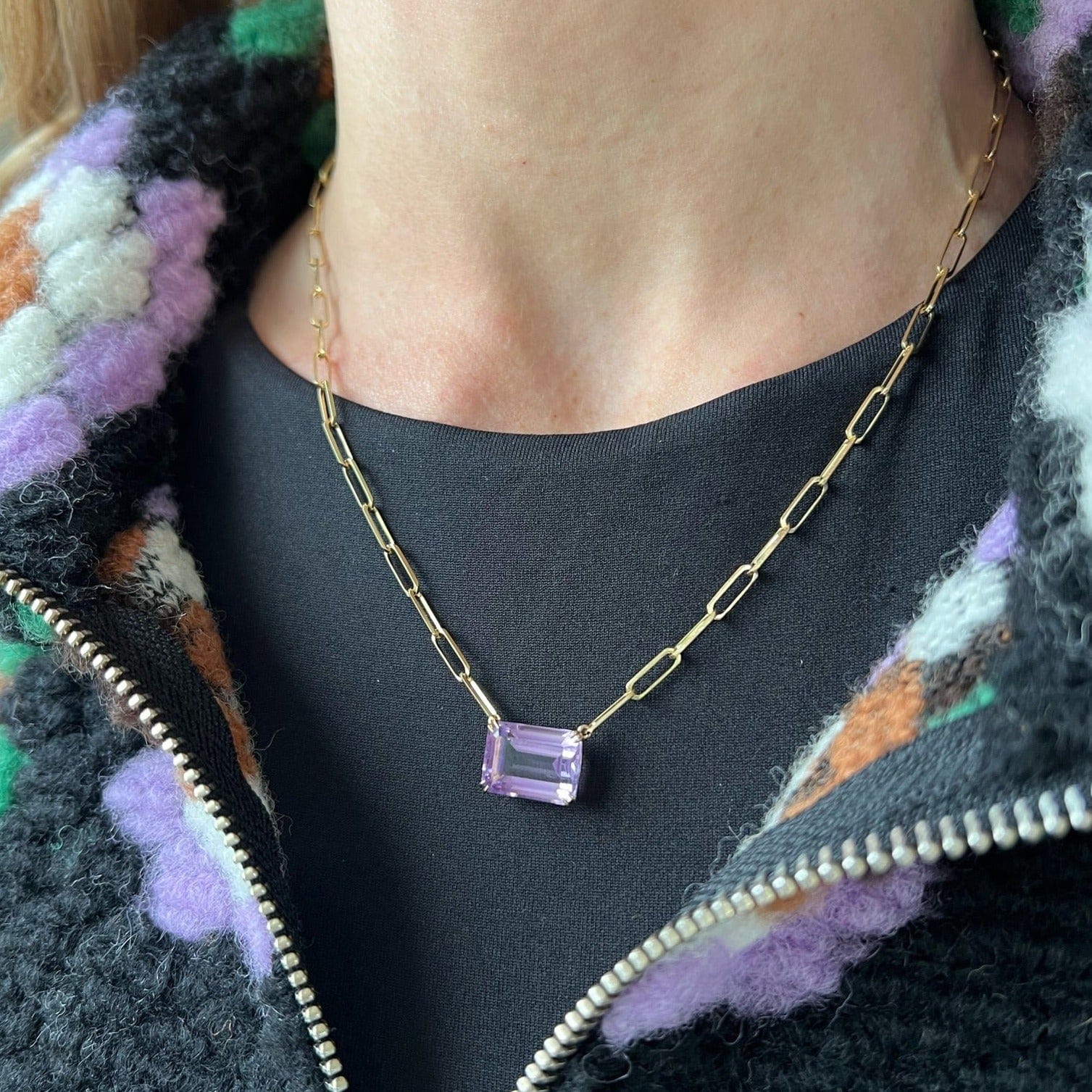 18K Yellow Gold Amethyst Paperclip Chain Necklace - Image 2