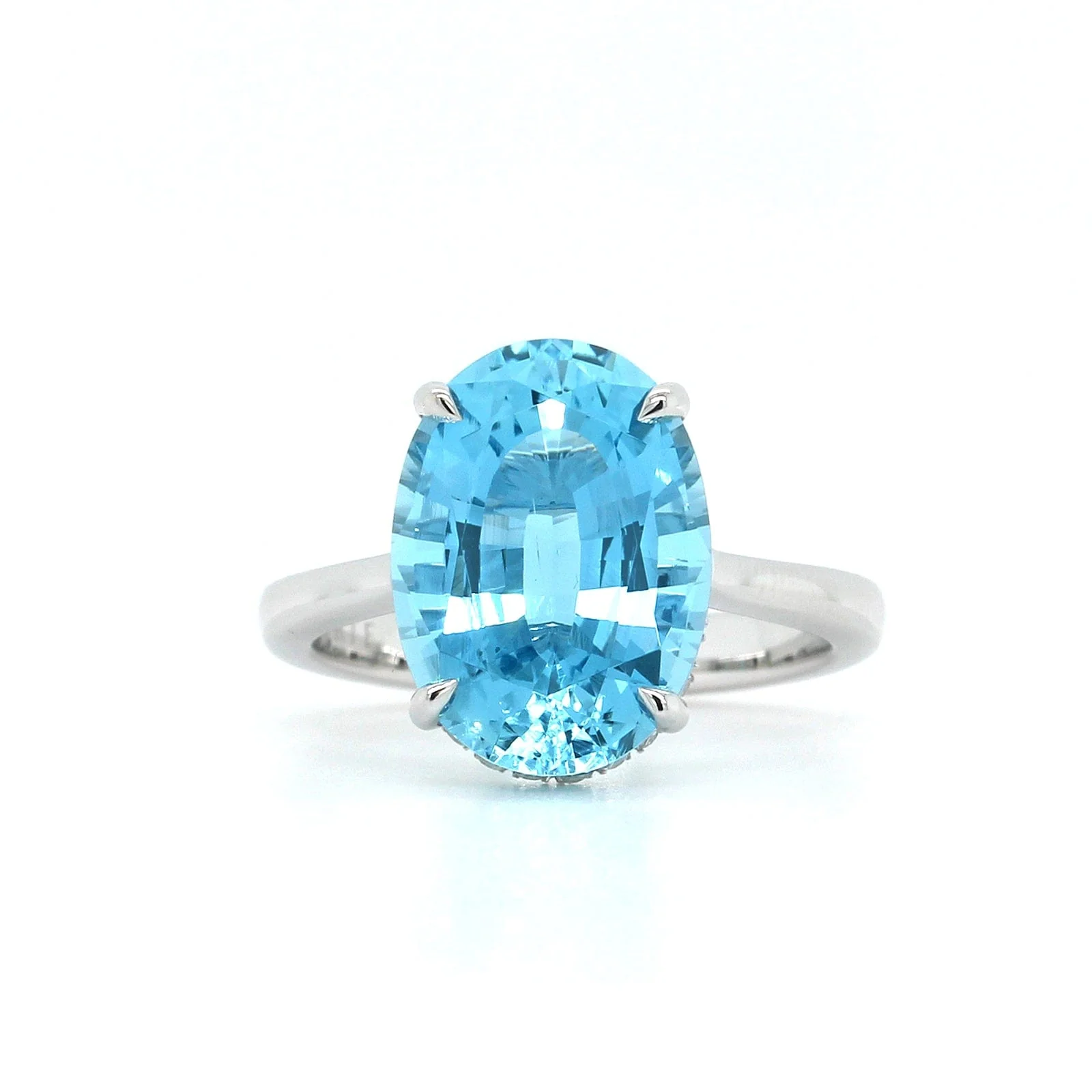 18K White Gold Oval Aquamarine Diamond Hidden Halo Ring