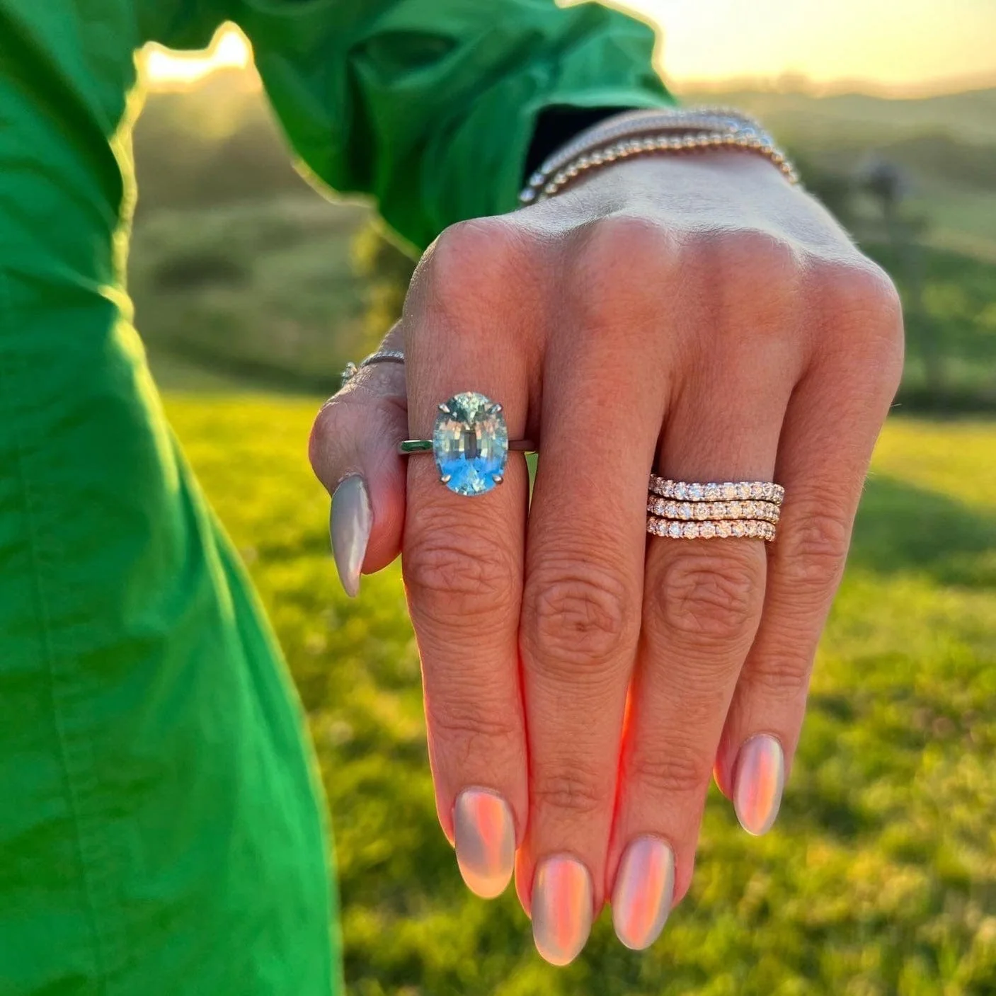 18K White Gold Oval Aquamarine Diamond Hidden Halo Ring - Image 2