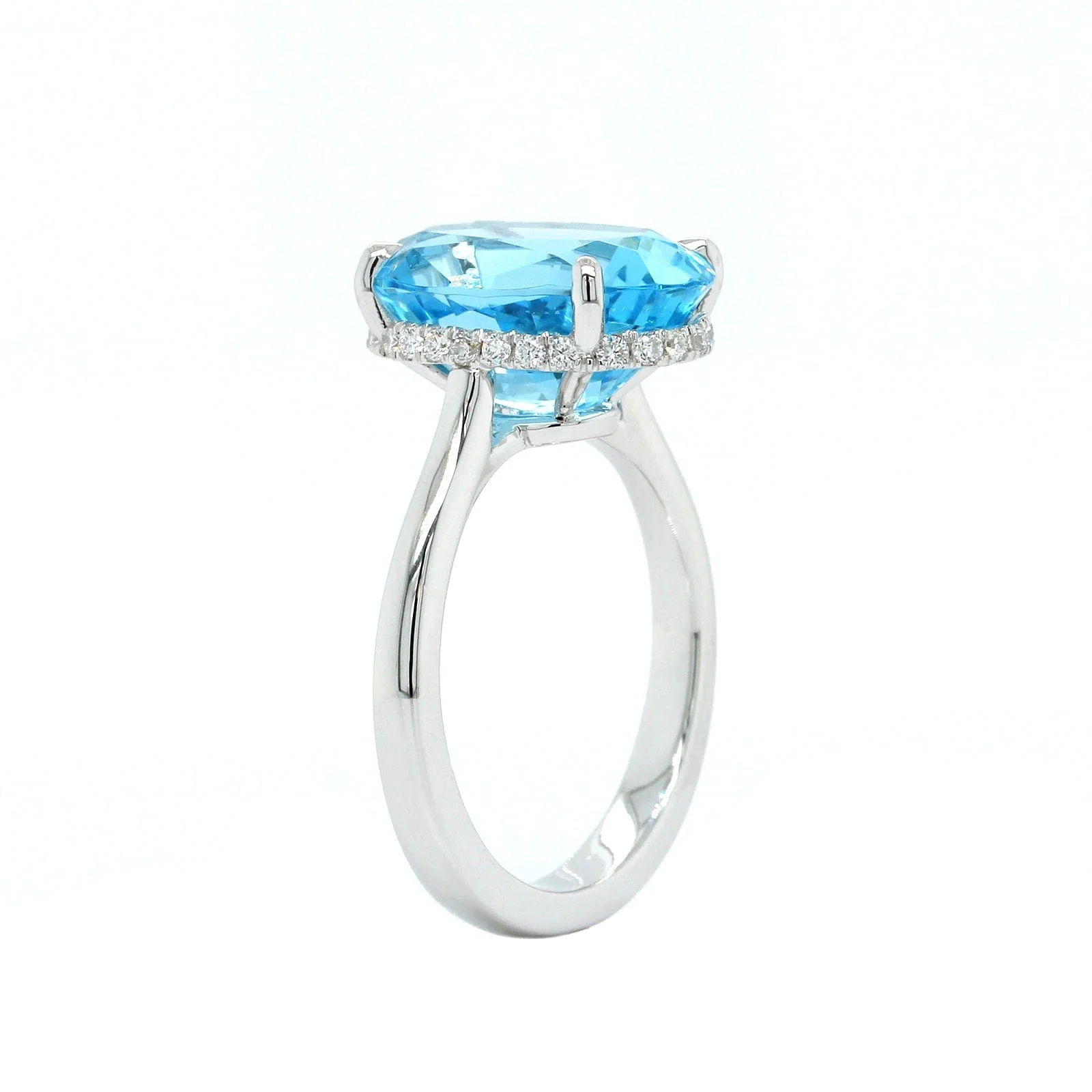18K White Gold Oval Aquamarine Diamond Hidden Halo Ring - Image 3