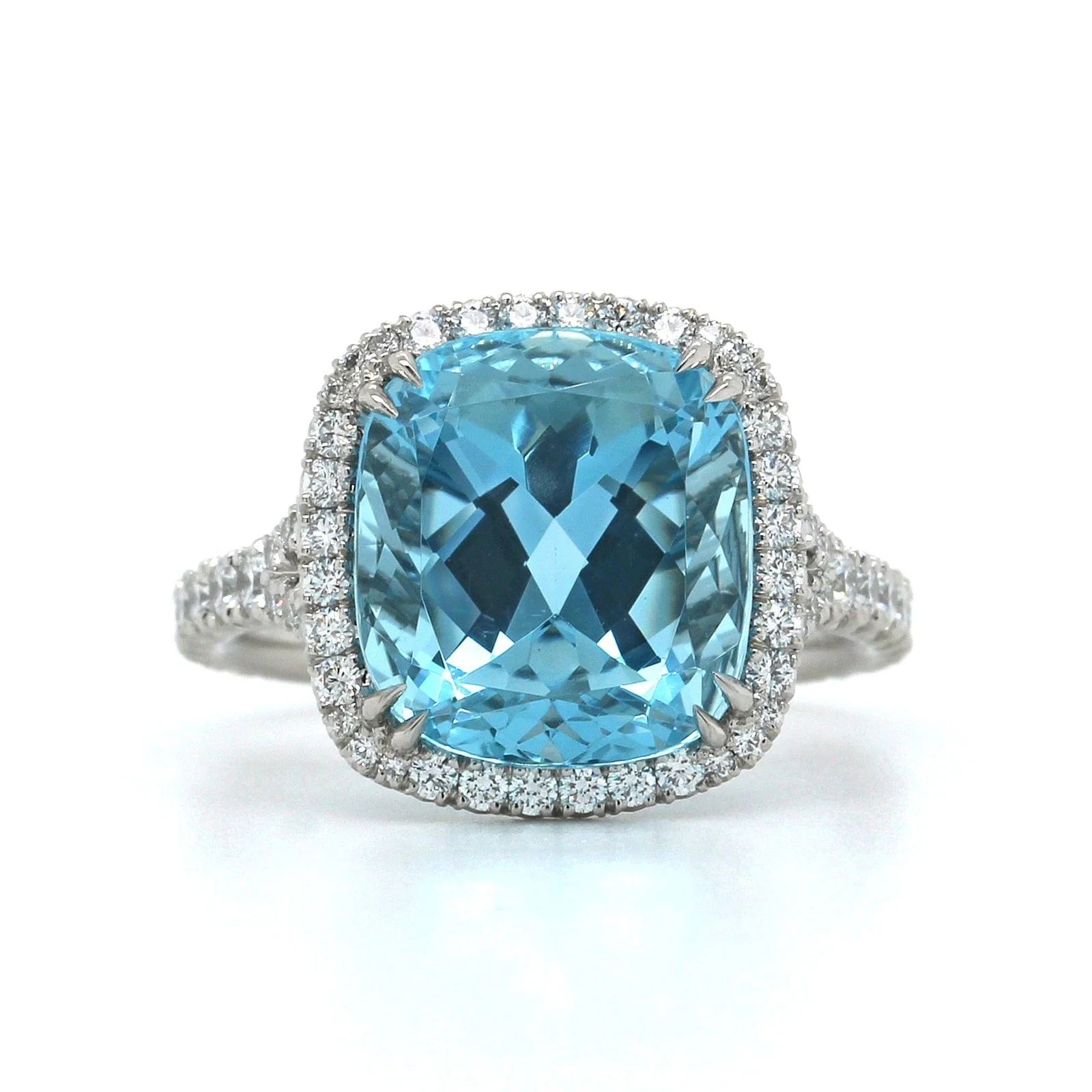 Platinum Cushion Aquamarine Diamond Halo Ring - Image 4