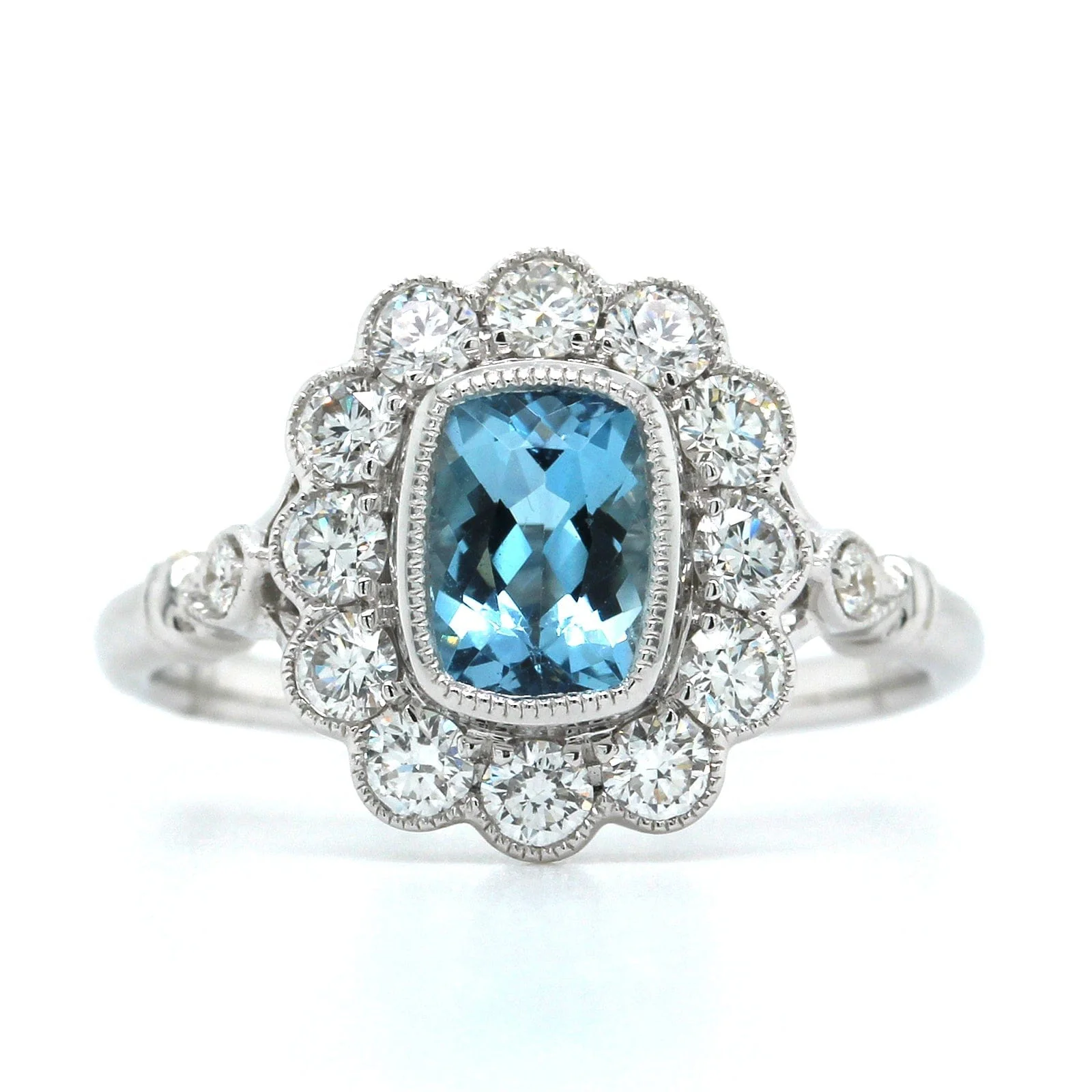 18K White Gold Cushion Aquamarine Vintage Style Ring