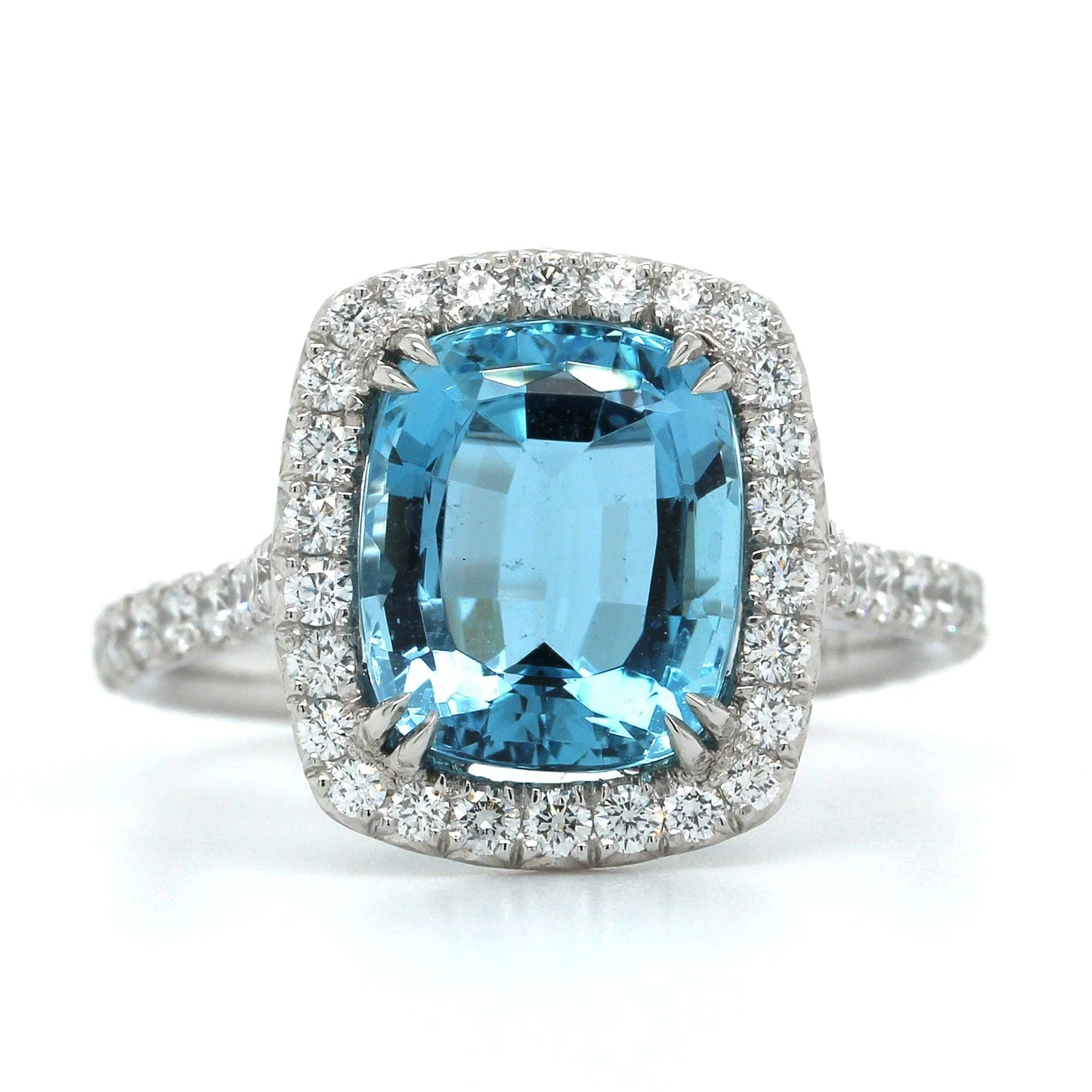Platinum Cushion Aquamarine Diamond Halo Ring - Image 4
