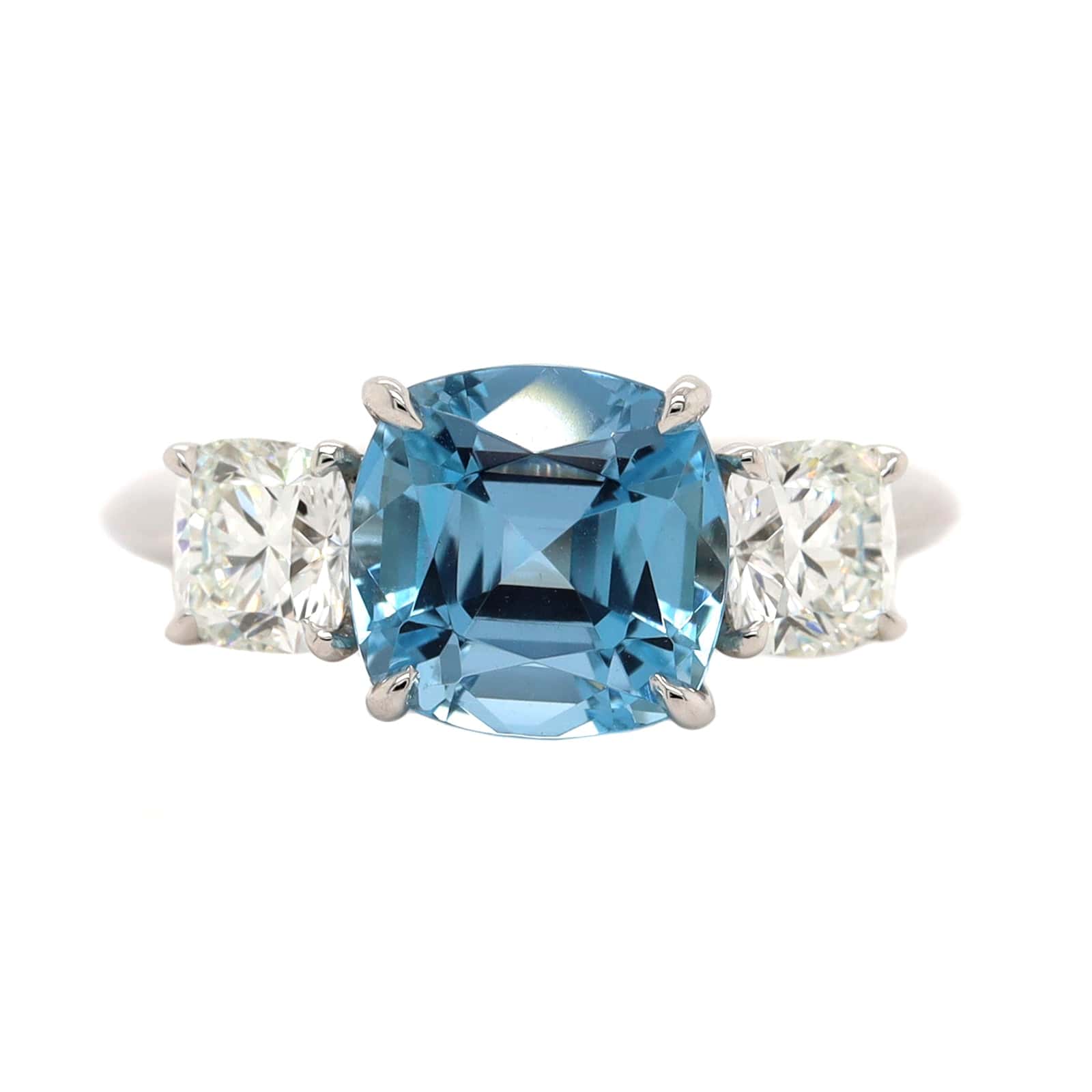 Platinum 3 Stone Cushion Aquamarine and Diamond Ring