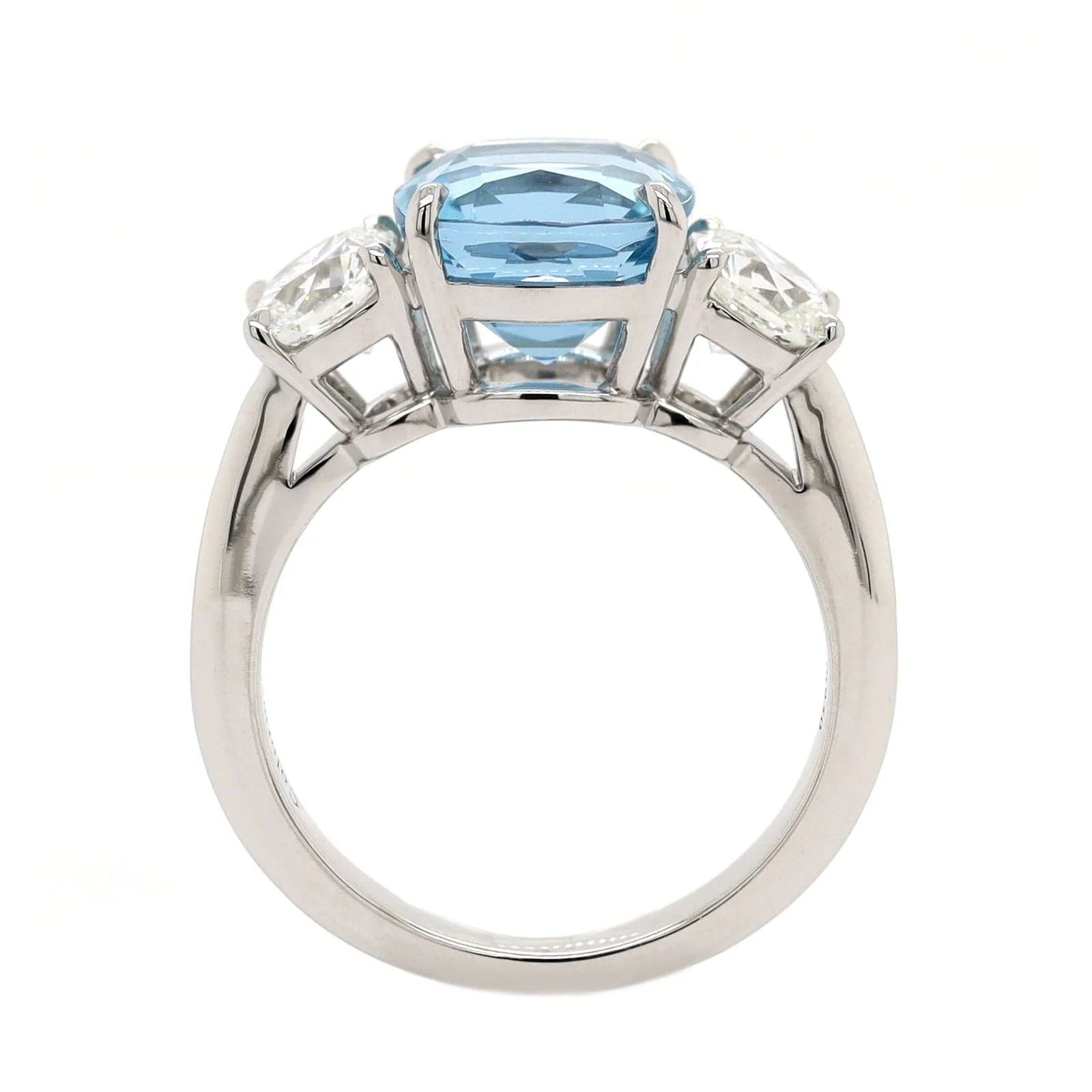 Platinum 3 Stone Cushion Aquamarine and Diamond Ring - Image 3