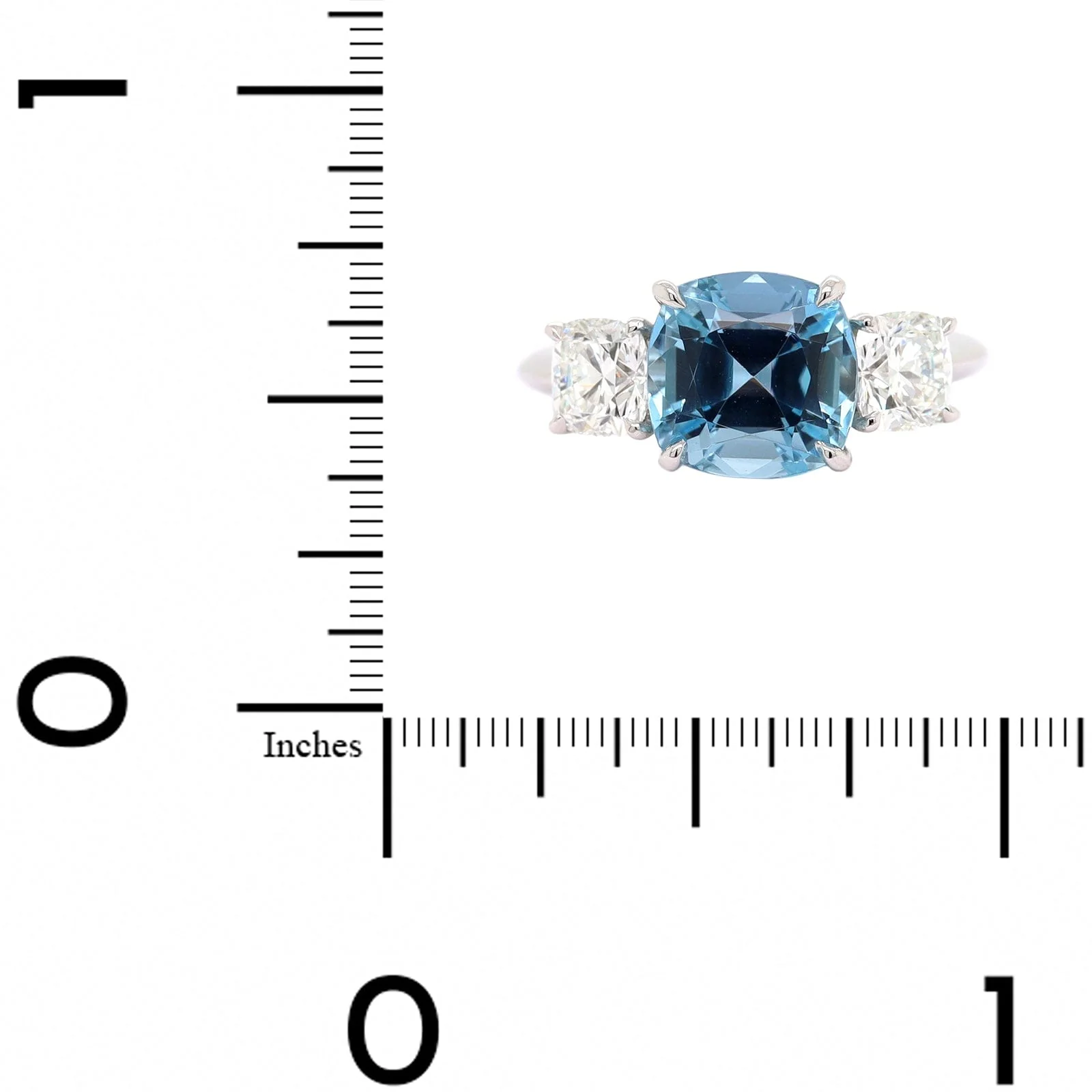 Platinum 3 Stone Cushion Aquamarine and Diamond Ring - Image 4