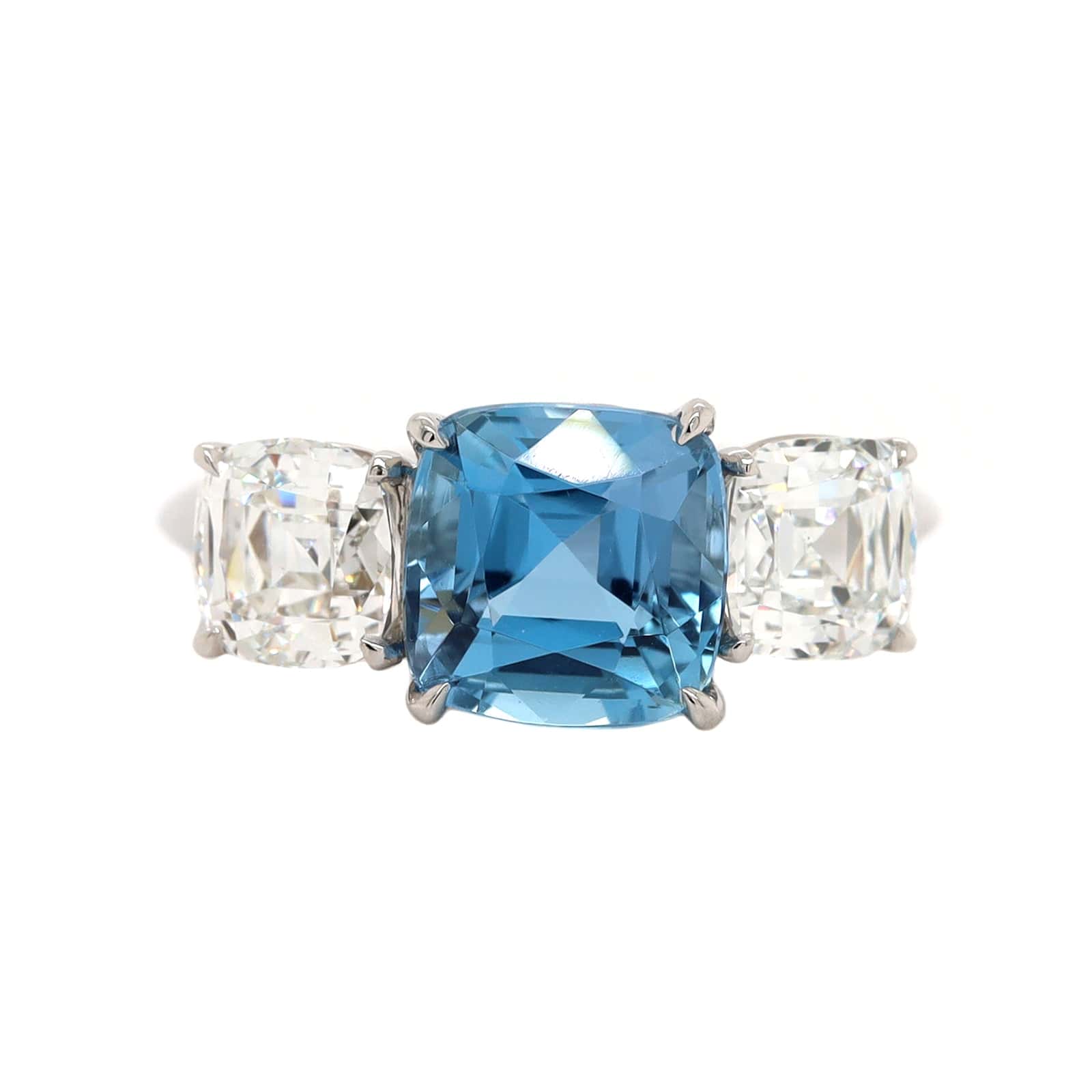 Platinum 3 Stone Cushion Aquamarine and Diamond Ring