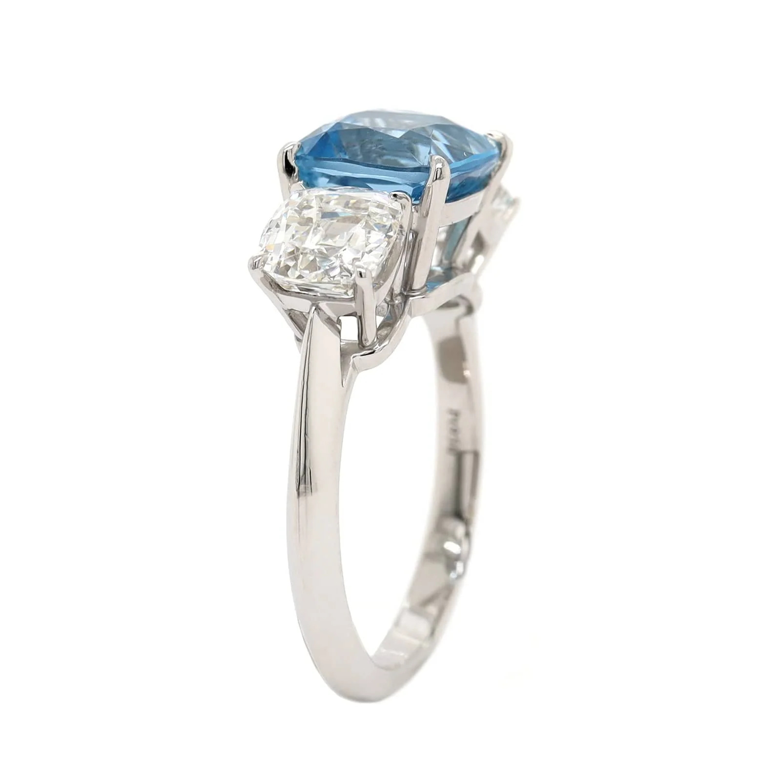 Platinum 3 Stone Cushion Aquamarine and Diamond Ring - Image 2
