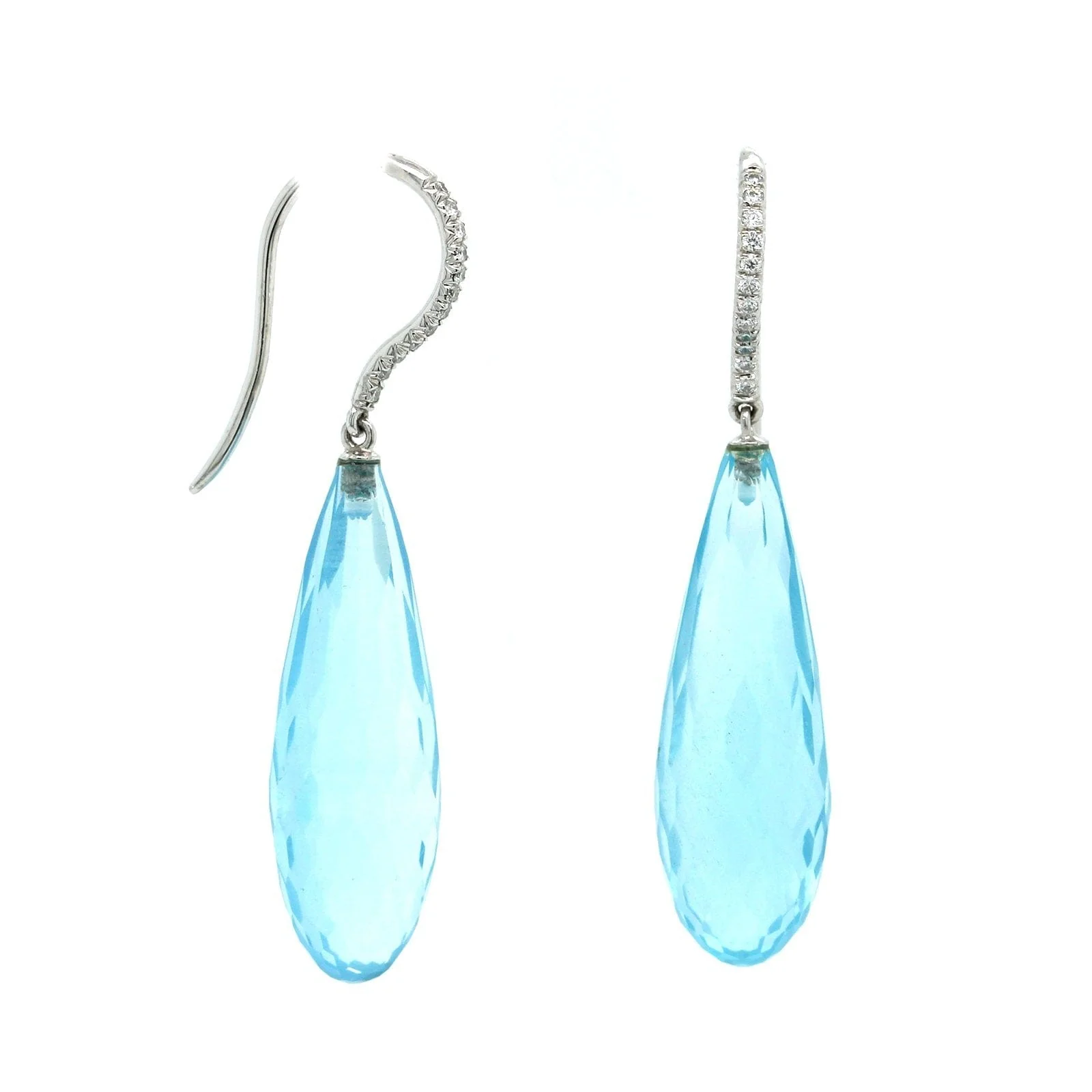 18K White Gold Aquamarine Briolette Diamond Dangle Earrings - Image 3