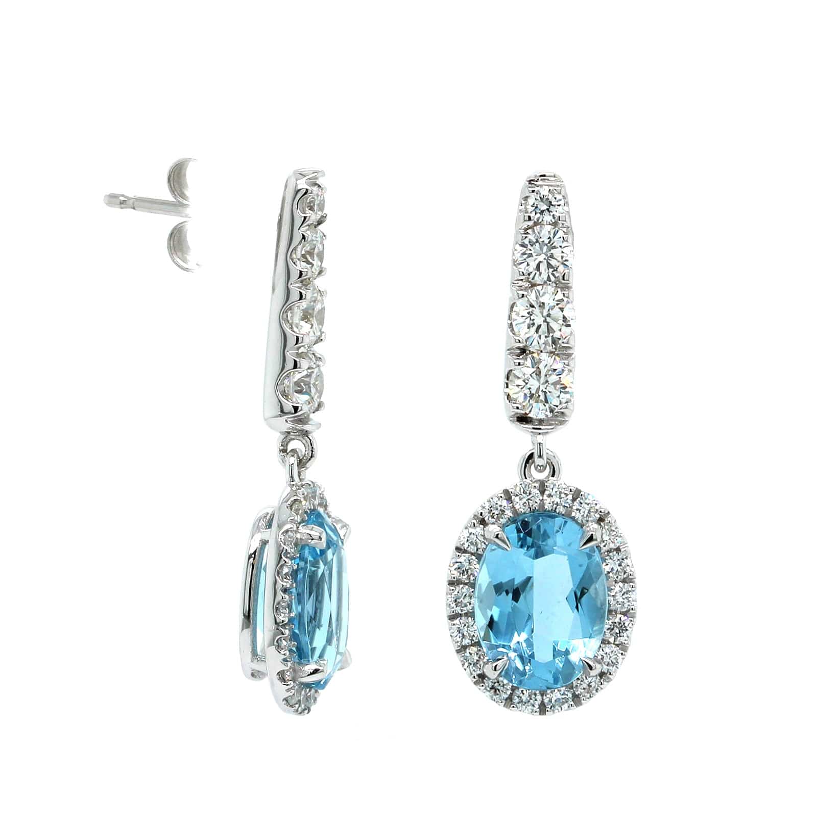 18K White Gold Aquamarine Diamond Halo Drop Earrings - Image 3