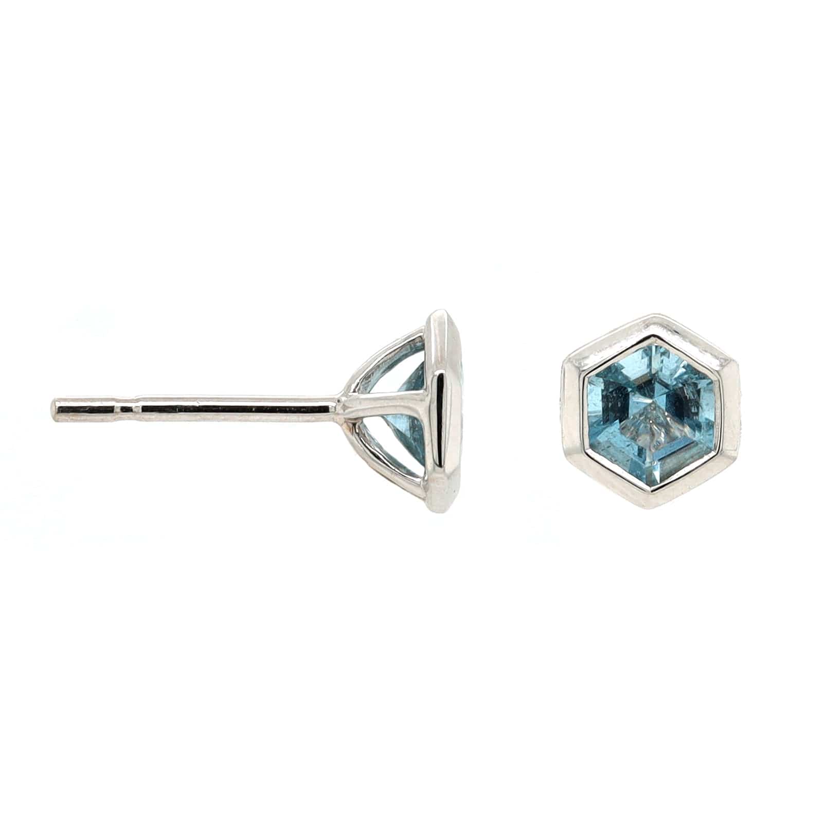 18K White Gold Aquamarine Hexagon Stud Earrings