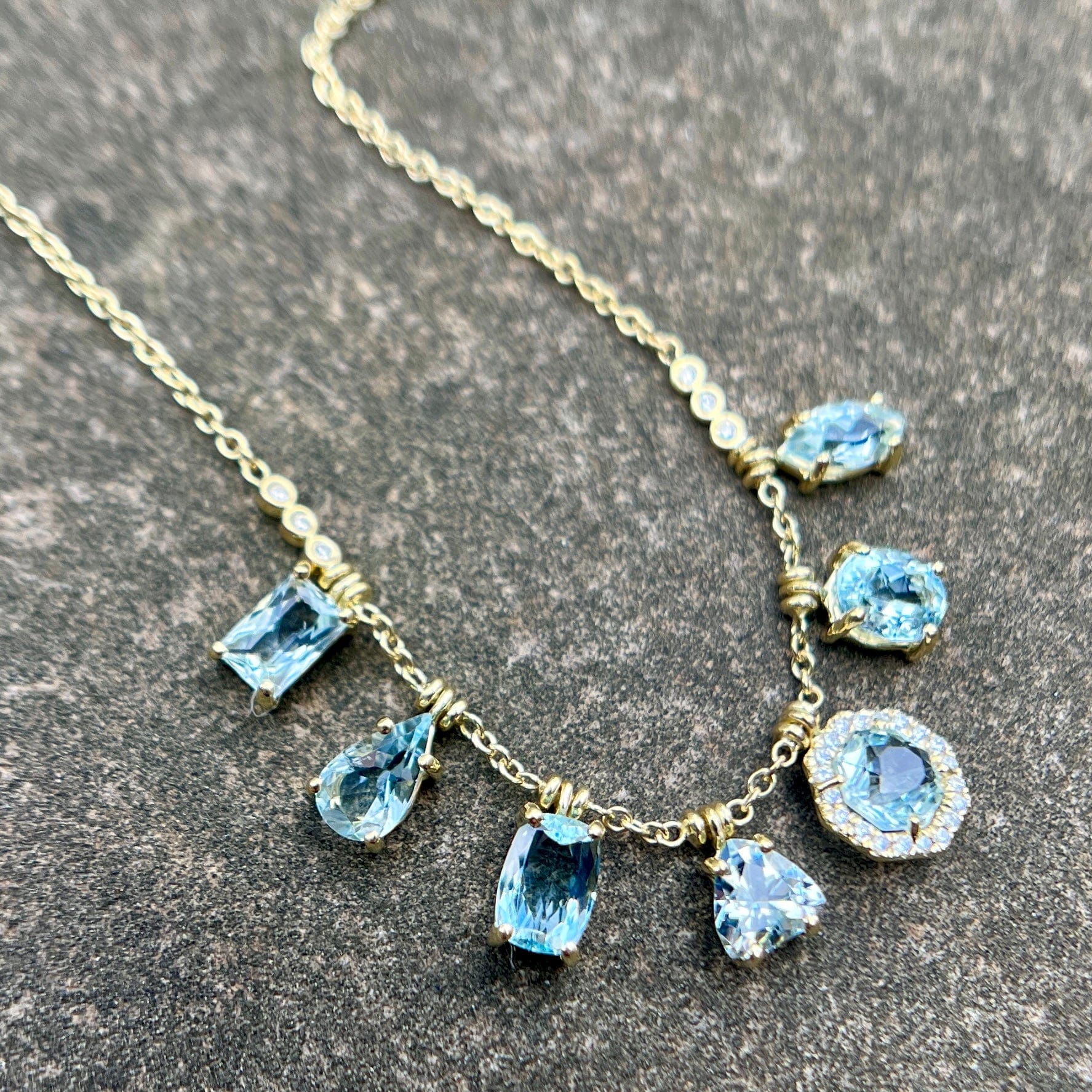 18K Yellow Gold Aquamarine Fringe Necklace - Image 2