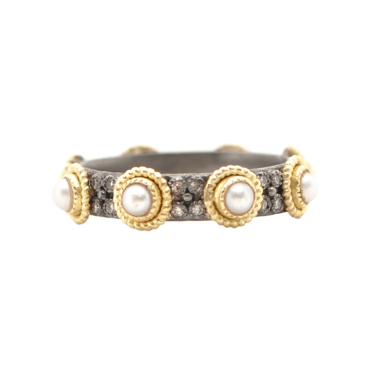 Armenta Blackened Sterling Silver and Gold Champagne Diamond and Pearl Ring