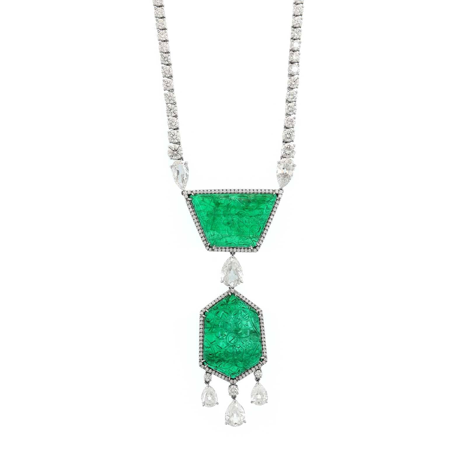 Bayco Platinum Diamond and Carved Emerald Pendant Necklace - Image 5