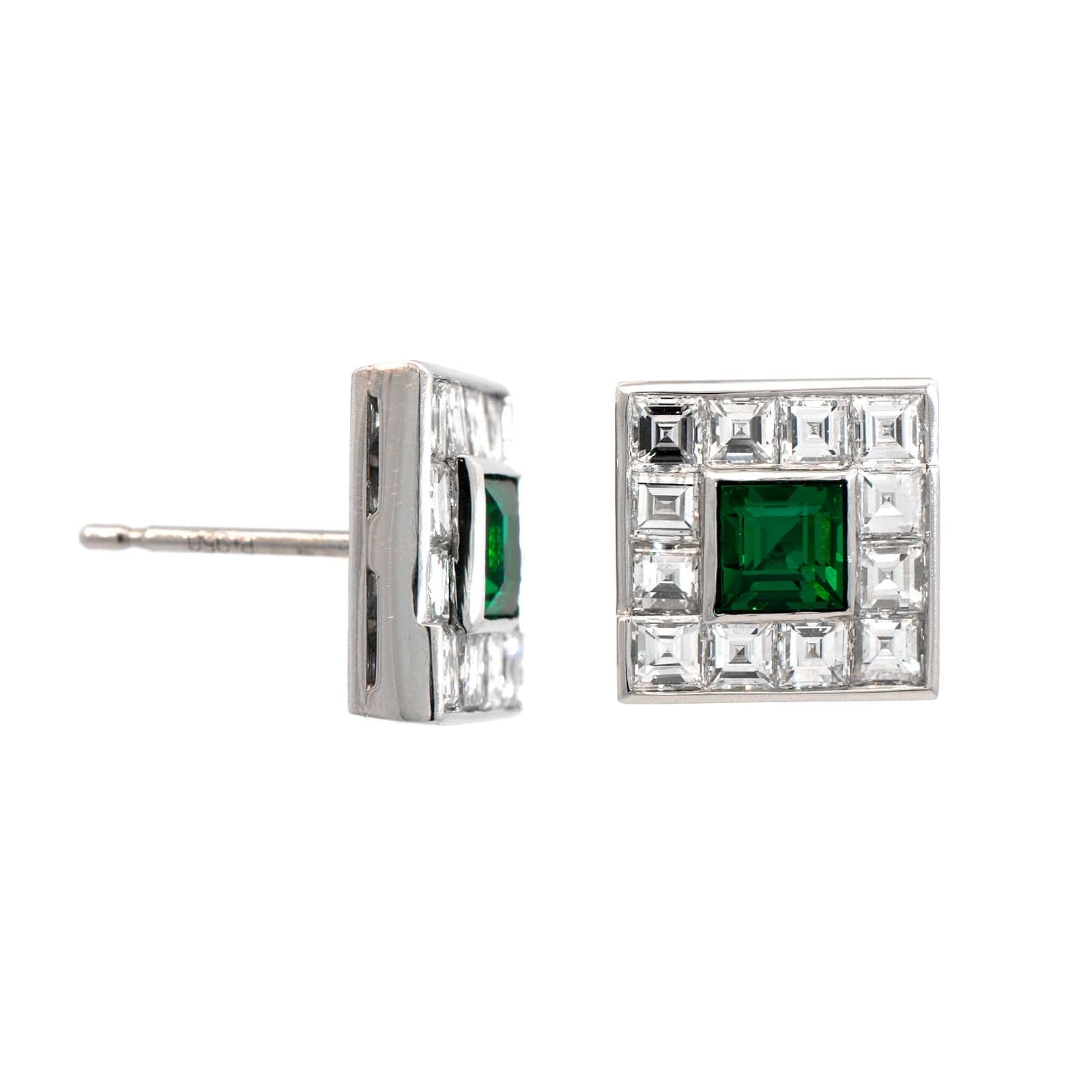 Bayco Platinum Emerald and Diamond Halo Stud Earrings - Image 3