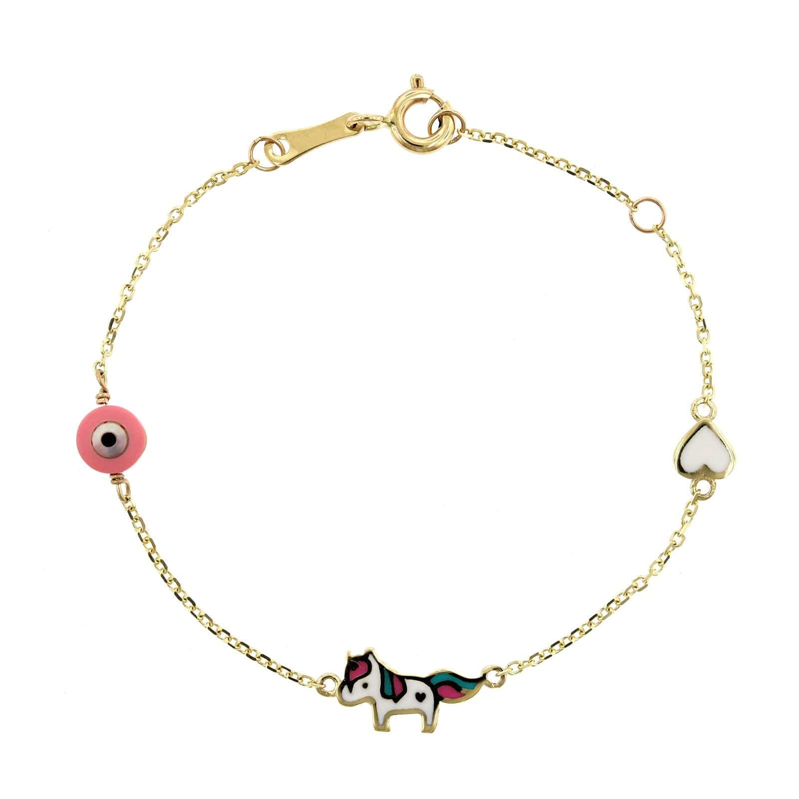 14K Yellow Gold Unicorn and Heart Enamel Bracelet