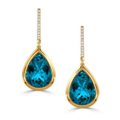 18K Yellow Gold Blue Topaz and Diamond Drop Earrings