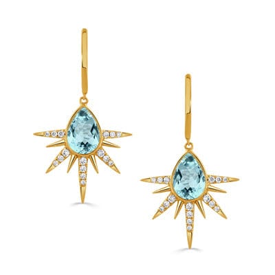 18K Yellow Gold Blue Topaz Starburst Diamond Drop Earrings