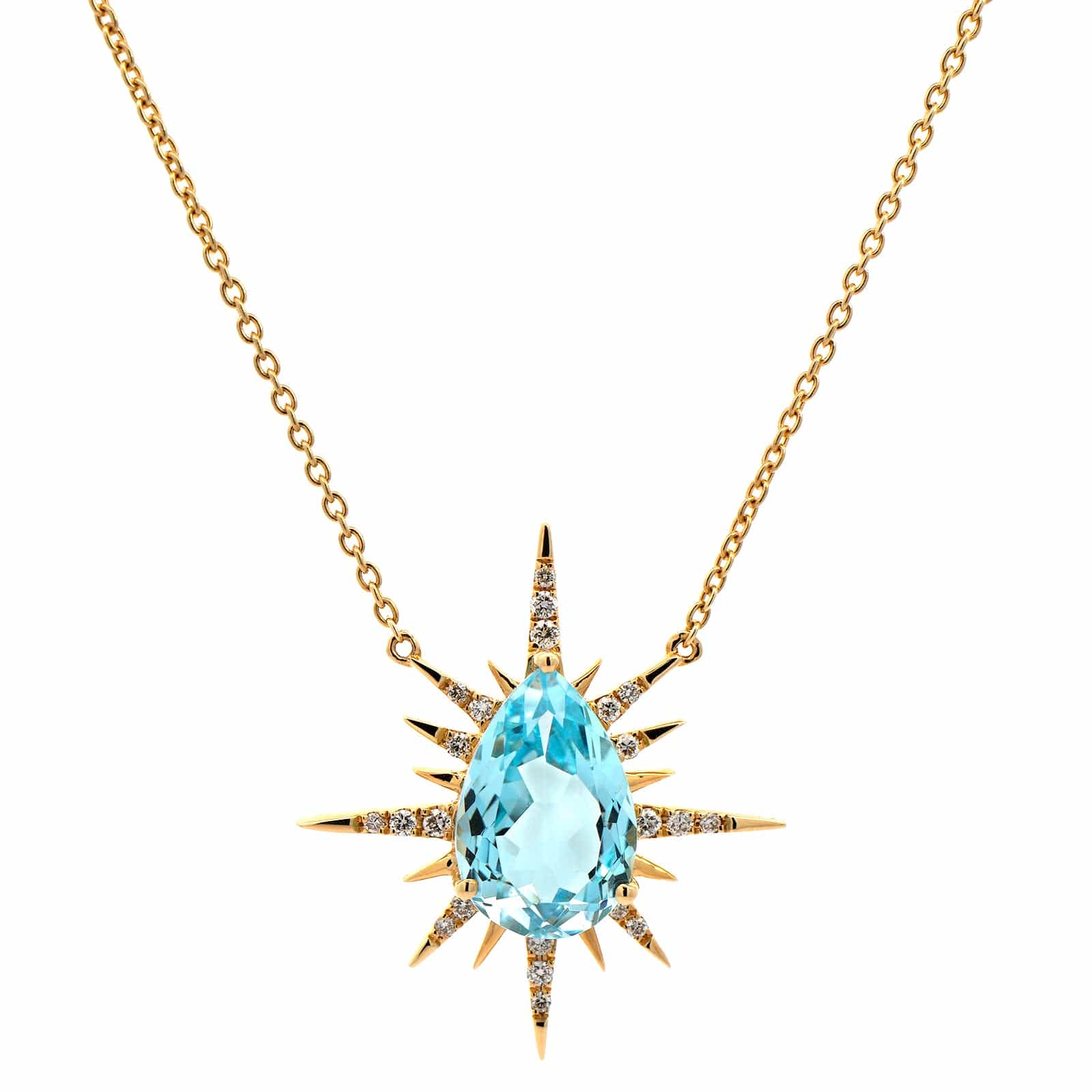 18K Yellow Gold Blue Topaz Diamond Pendant Necklace - Image 5