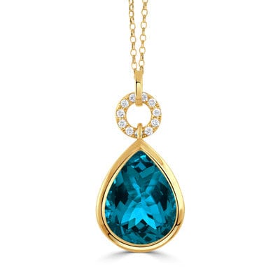18K Yellow Gold Pear Shaped Blue Topaz Diamond Pendant