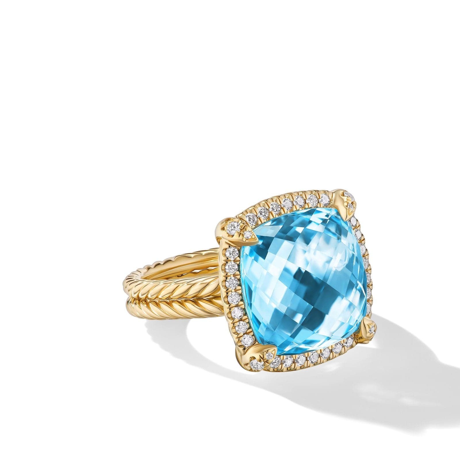 18K Yellow Gold Blue Topaz Chatelaine Pave Bezel Ring - Image 2