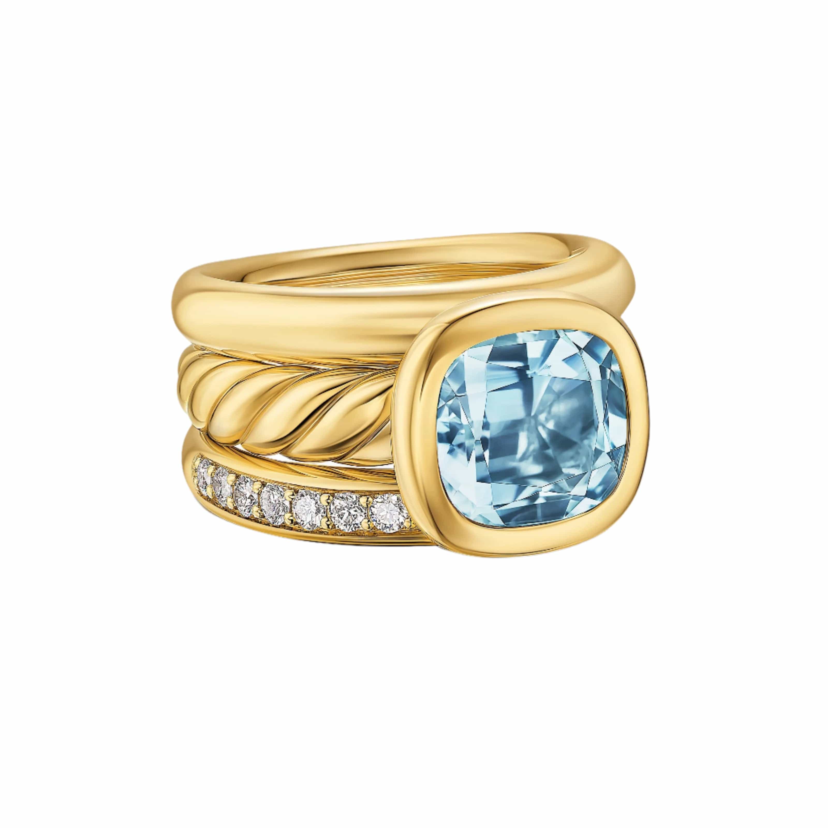 DY Mercer® Three Row Stone Ring 18K Yellow Gold with Sky Blue Topaz and Diamonds, 12mm