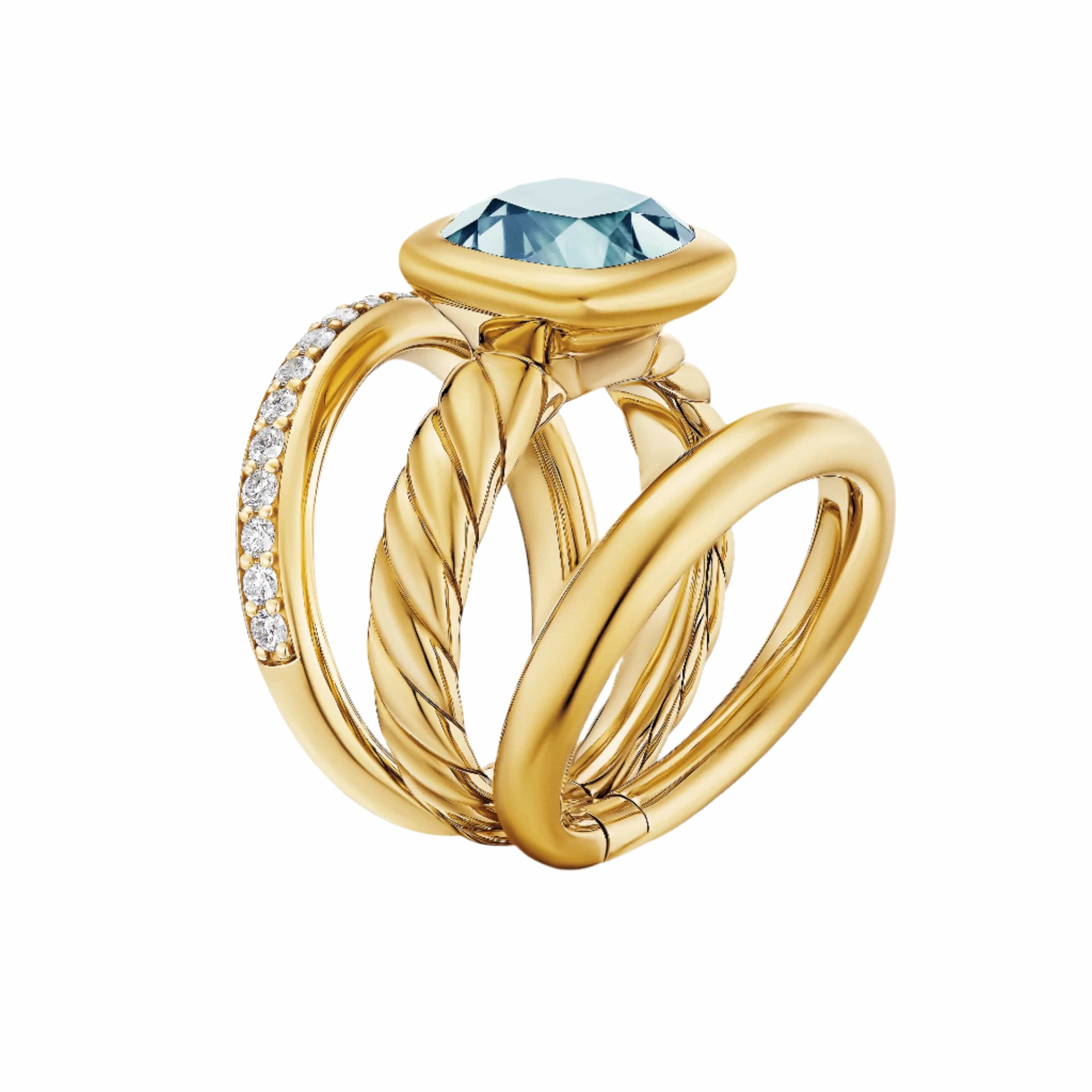 DY Mercer® Three Row Stone Ring 18K Yellow Gold with Sky Blue Topaz and Diamonds, 12mm - Image 2