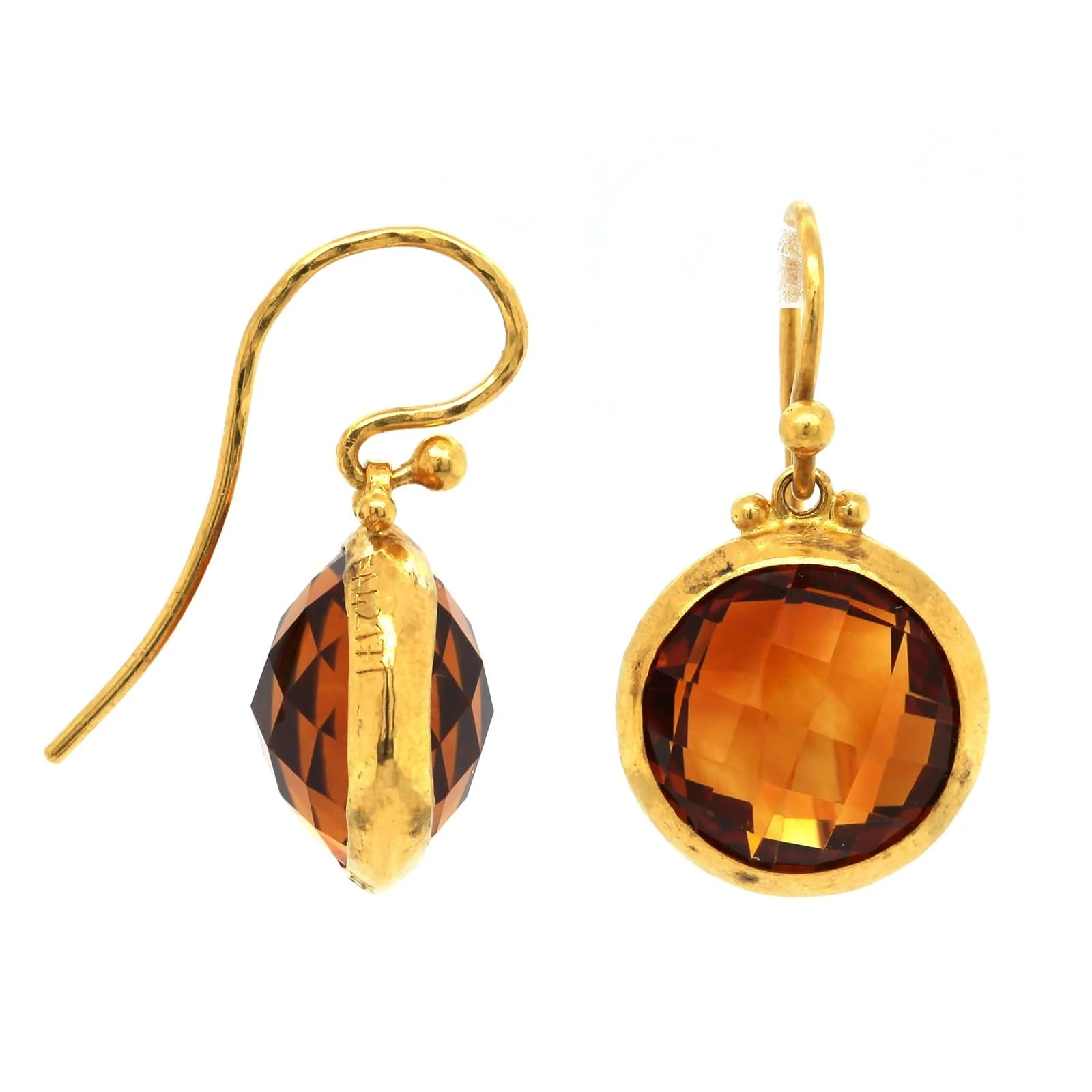 24K Yellow Gold Rose Cut Citrine Drop Earrings