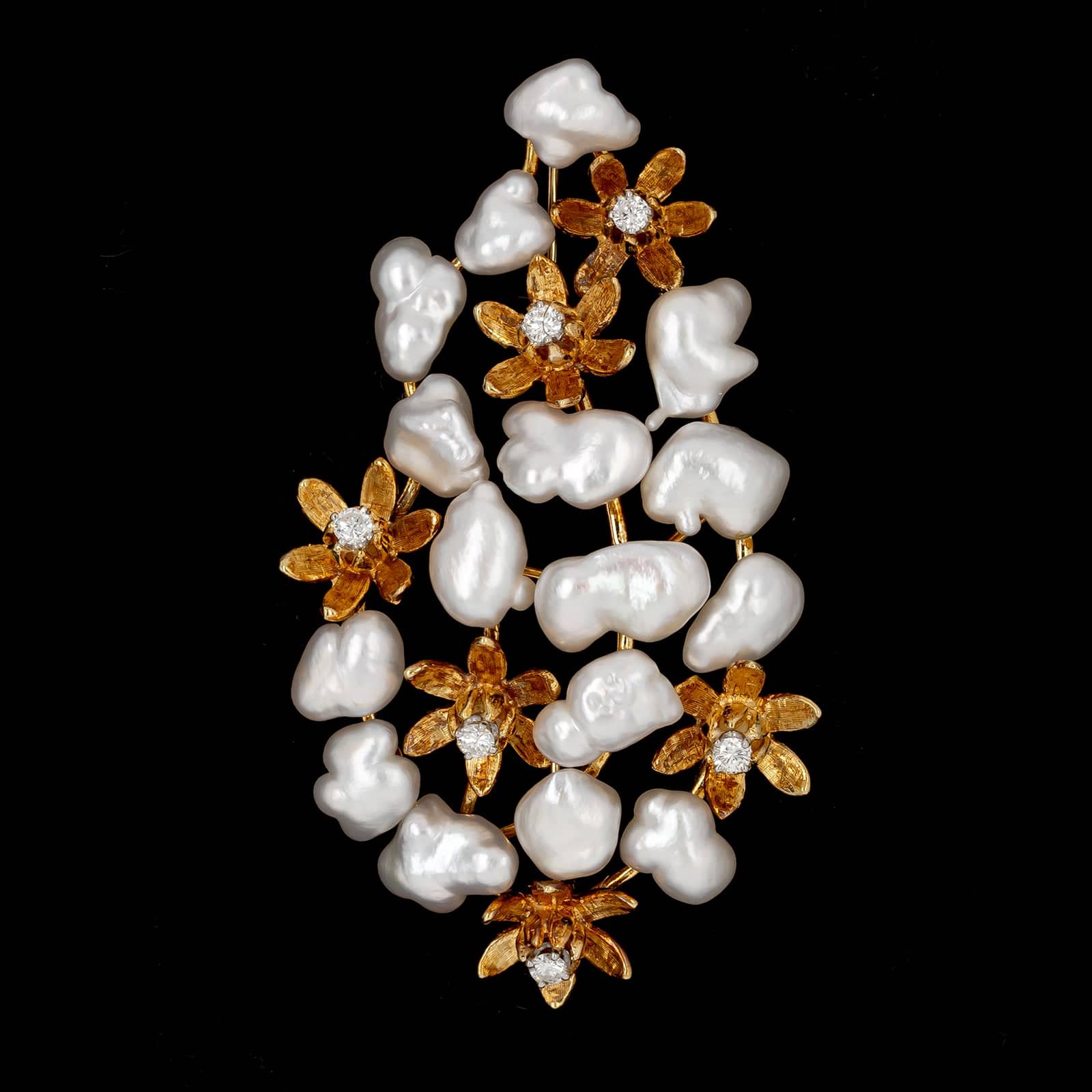 Cellino 18K Yellow Gold Estate Cultured Baroque Pearl and Diamond Pin