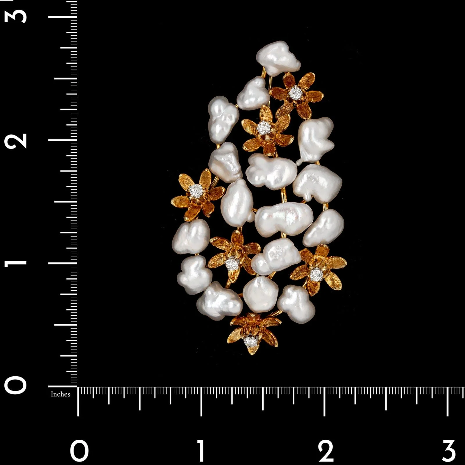 Cellino 18K Yellow Gold Estate Cultured Baroque Pearl and Diamond Pin - Image 3