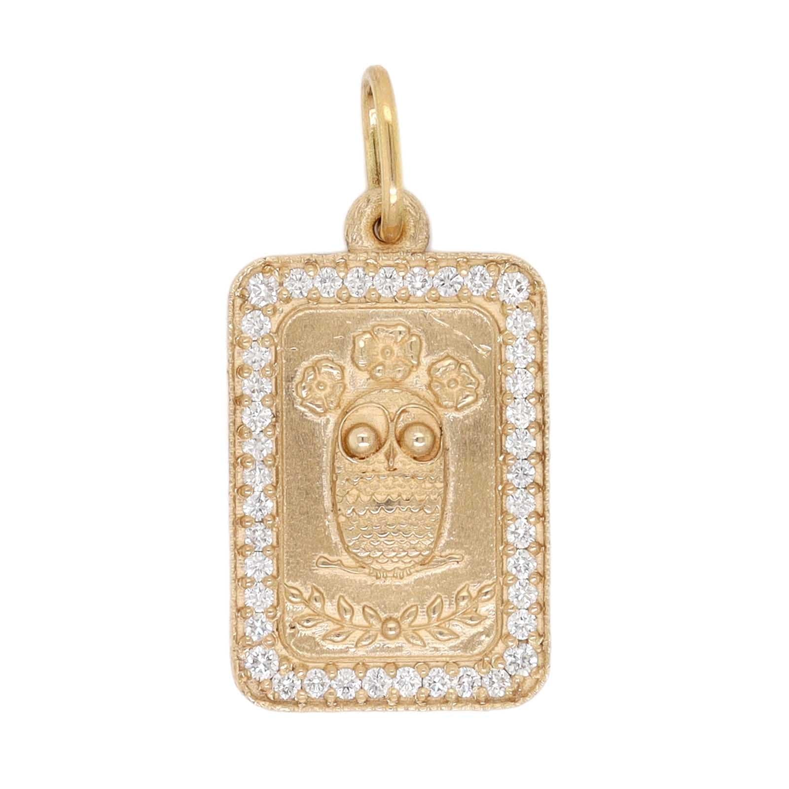 14K Yellow Gold Diamond Baby Owl Square Charm