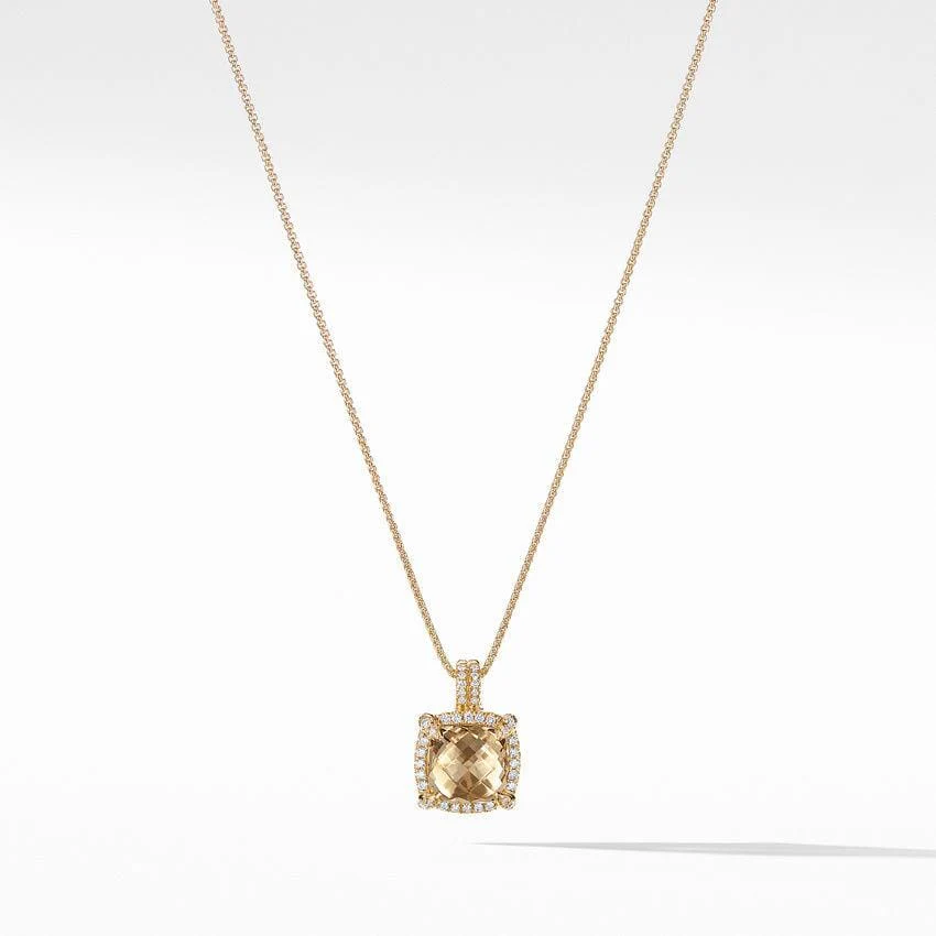 Châtelaine Pave Bezel Pendant Necklace with Champagne Citrine and Diamonds in 18K Gold mm