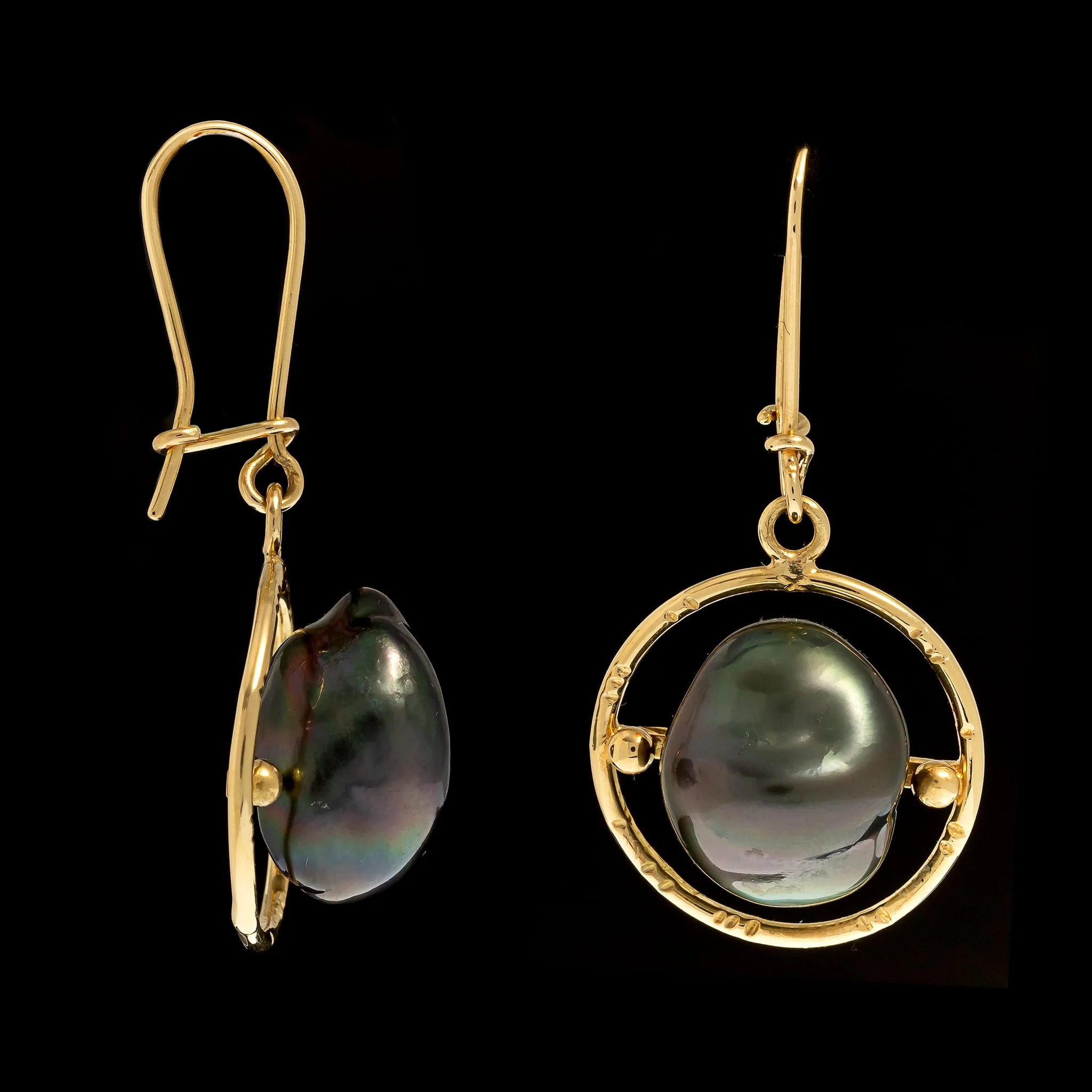 Daniel Spirer 18K Yellow Gold Estate Cultured Black Baroque Pearl Earrings