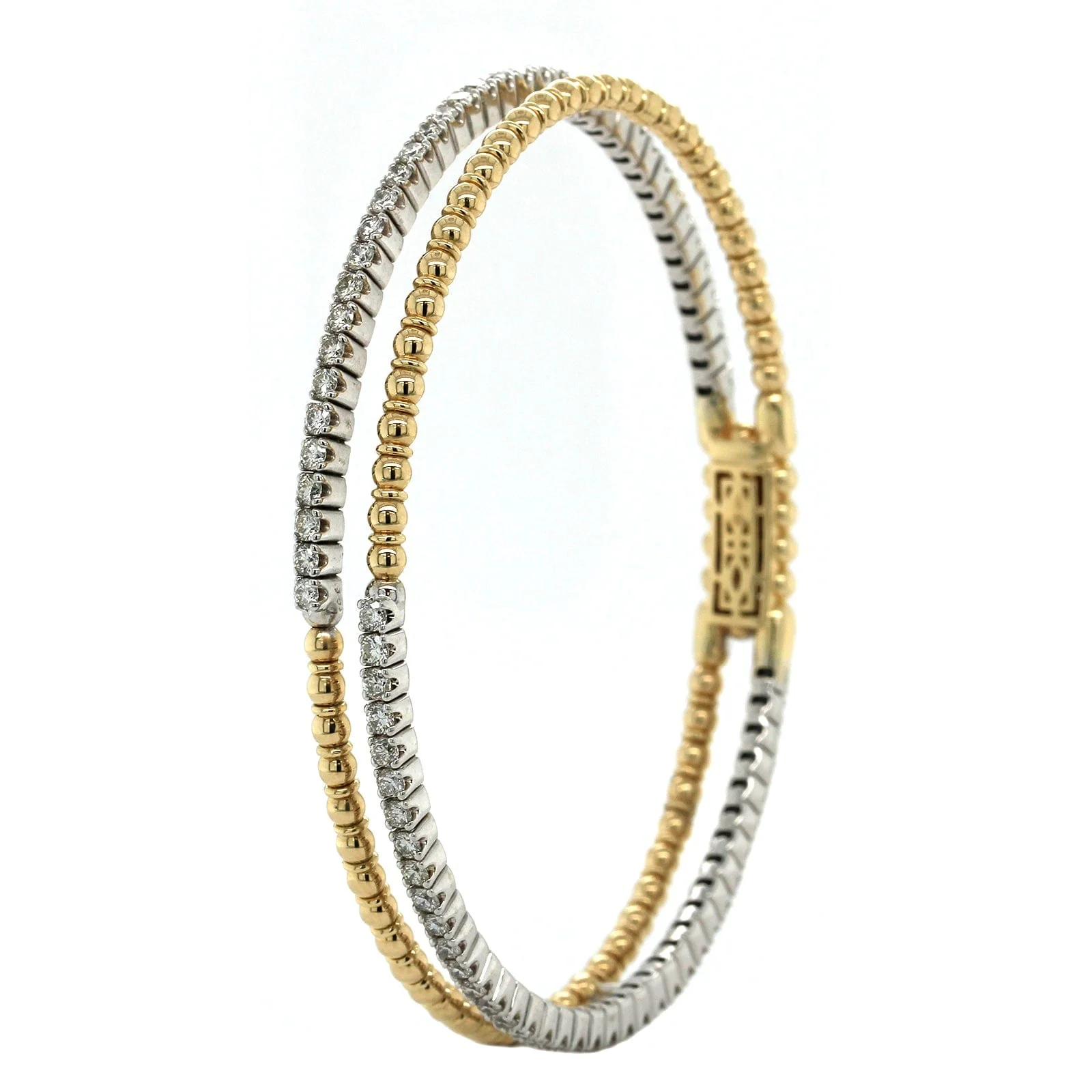 14K Yellow Gold 2 Row Beaded Diamond Bangle Bracelet - Image 2