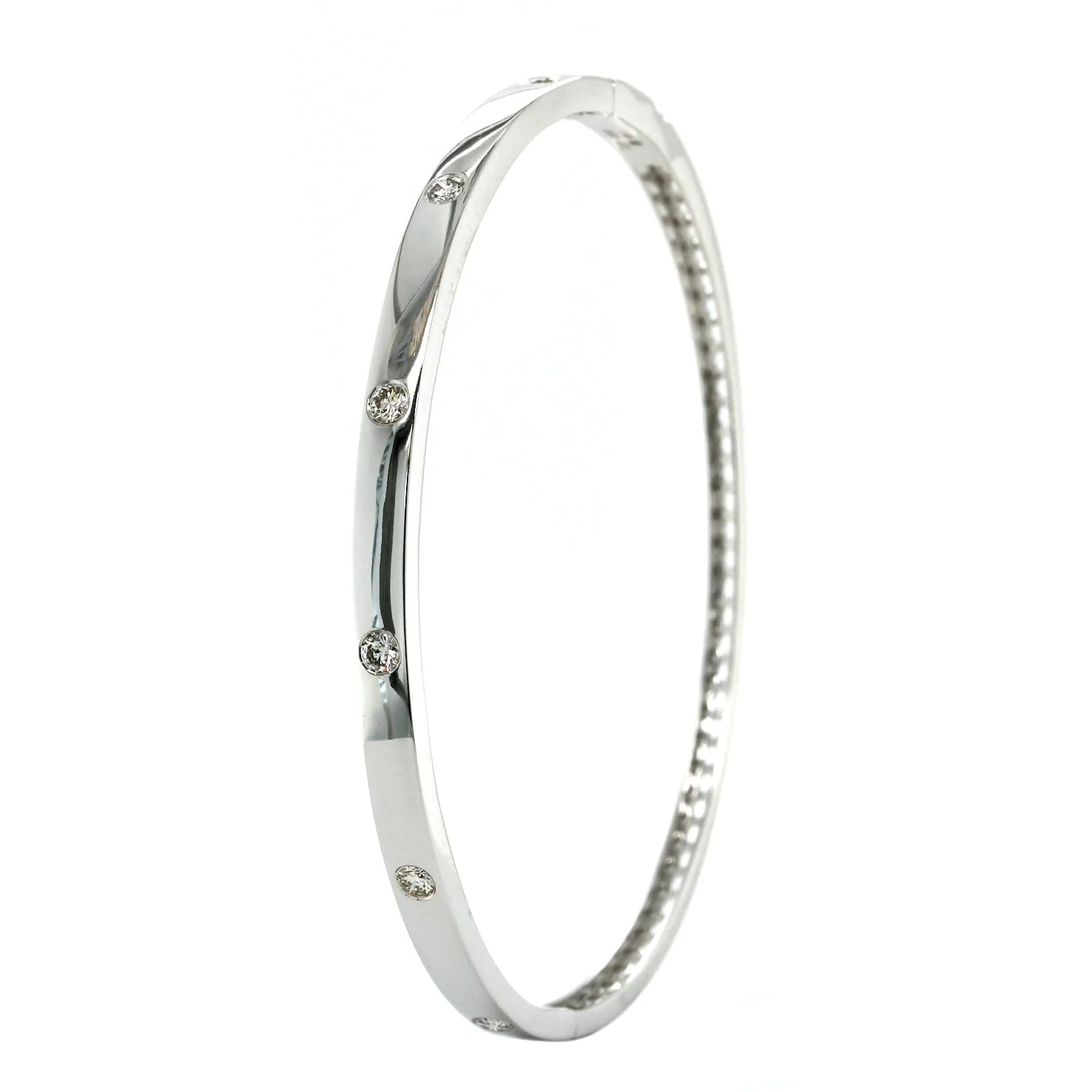 14K White Gold Burnished Set Diamond Bangle Bracelet - Image 2