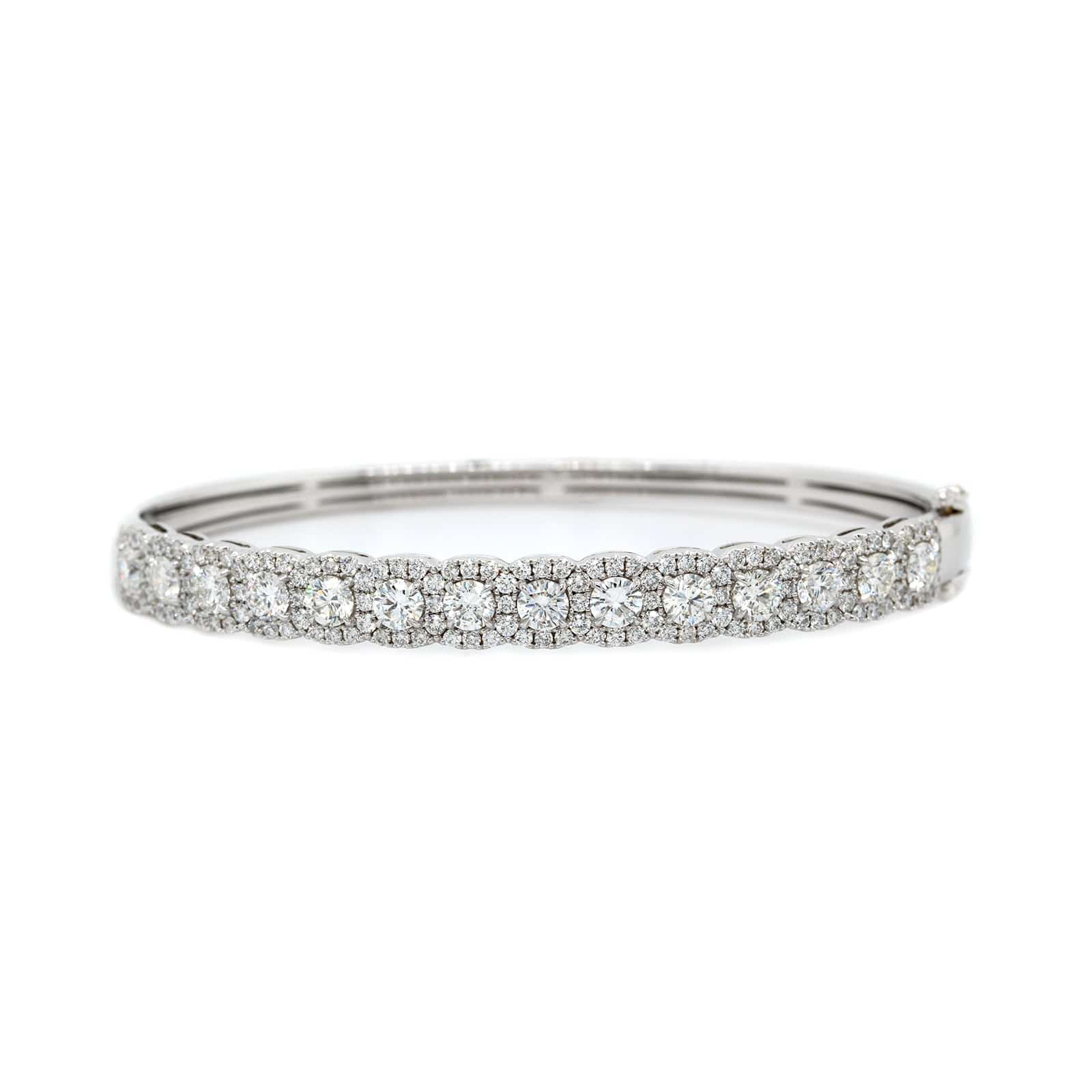 14K White Gold Round and Cushion Cut Diamond Bangle Bracelet