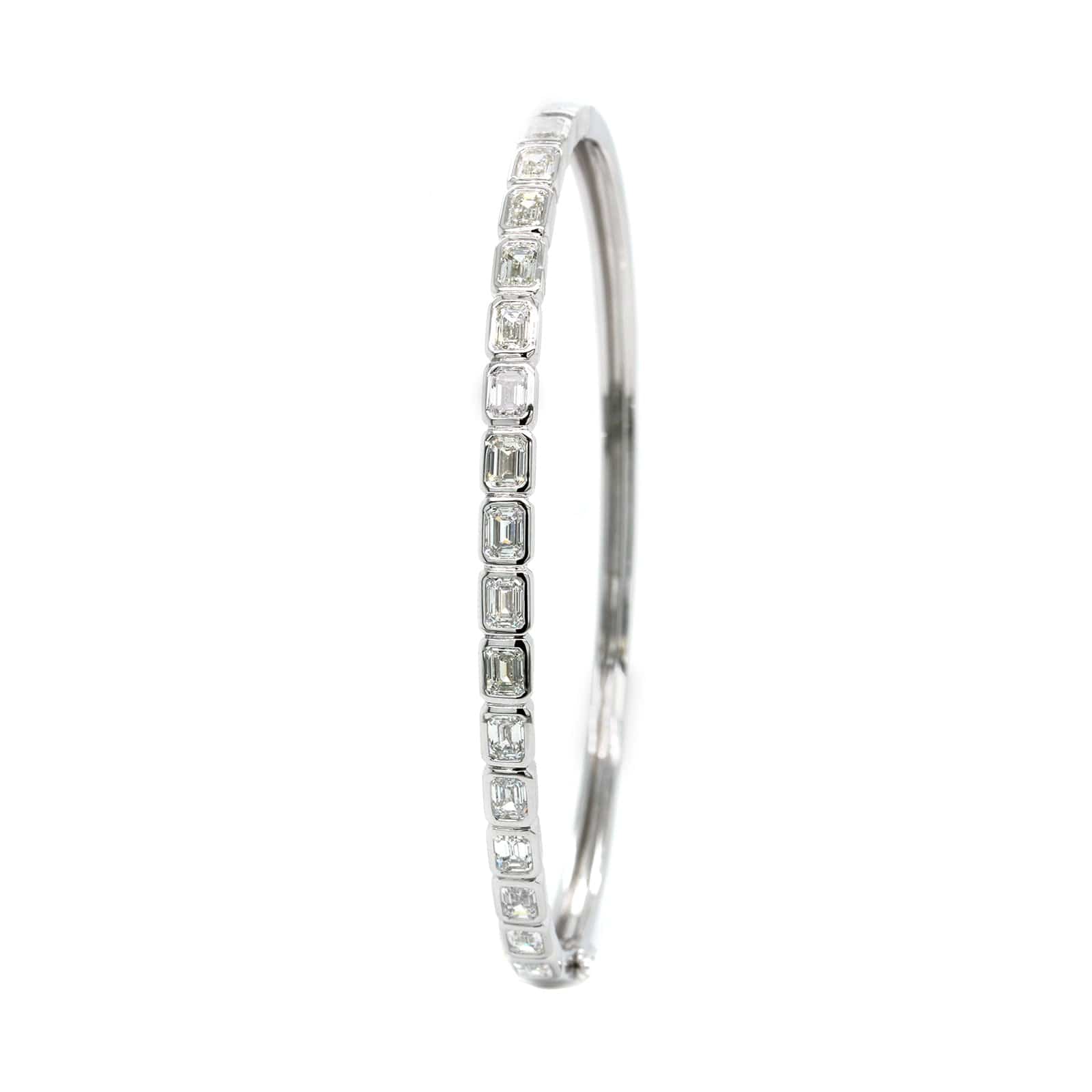 14K White Gold Bezel Set Emerald Cut Diamond Bangle Bracelet - Image 2