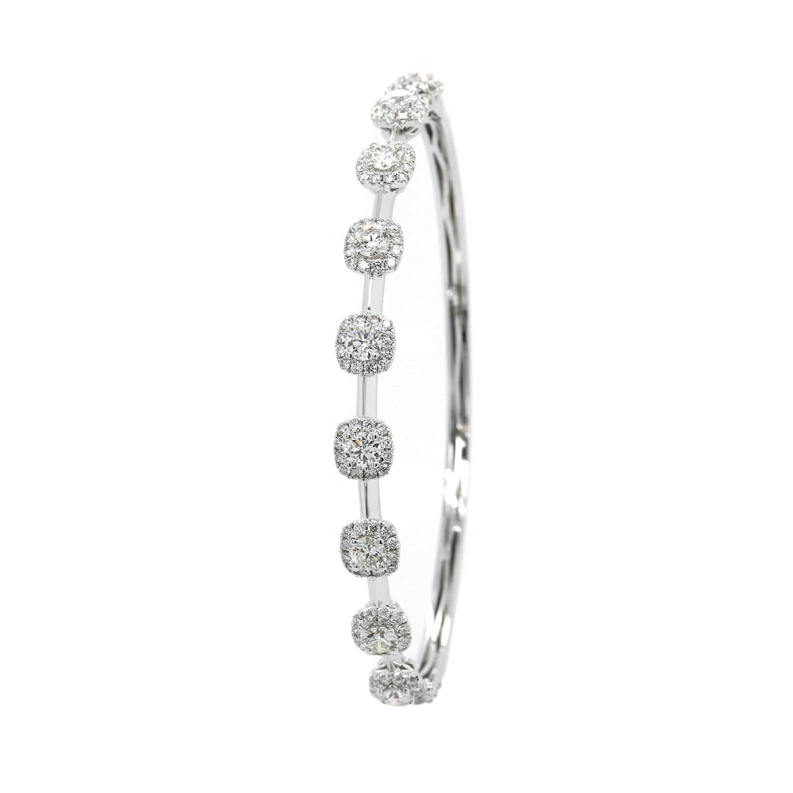 14K White Gold Round and Cushion Cut Diamond Station Bangle Bracelet - Image 2