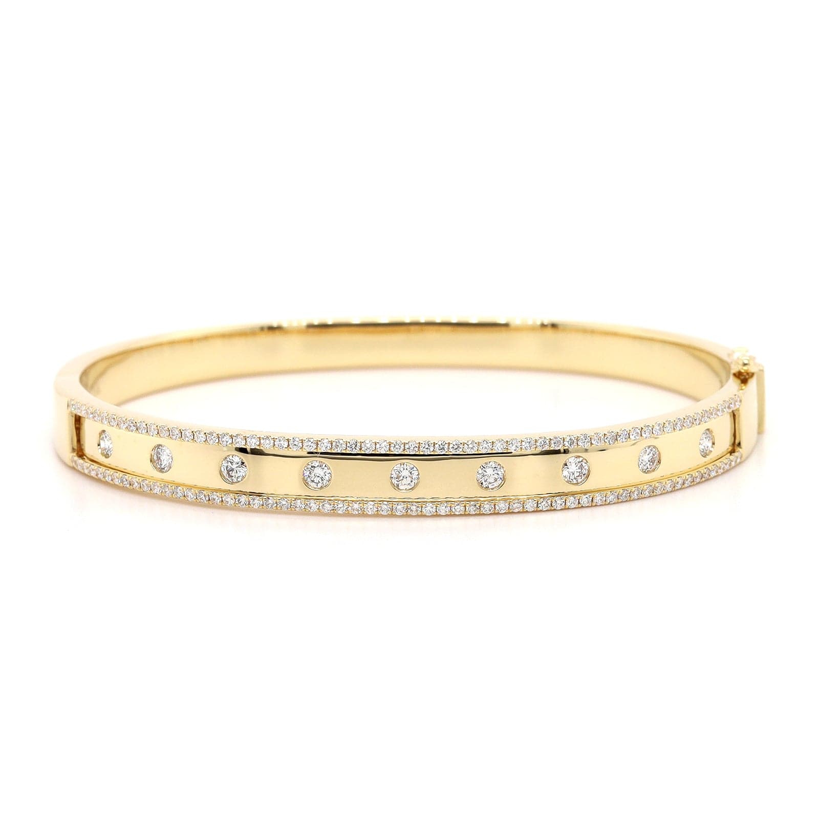 14K Yellow Gold Burnished Set Round Diamond Bangle Bracelet - Image 4