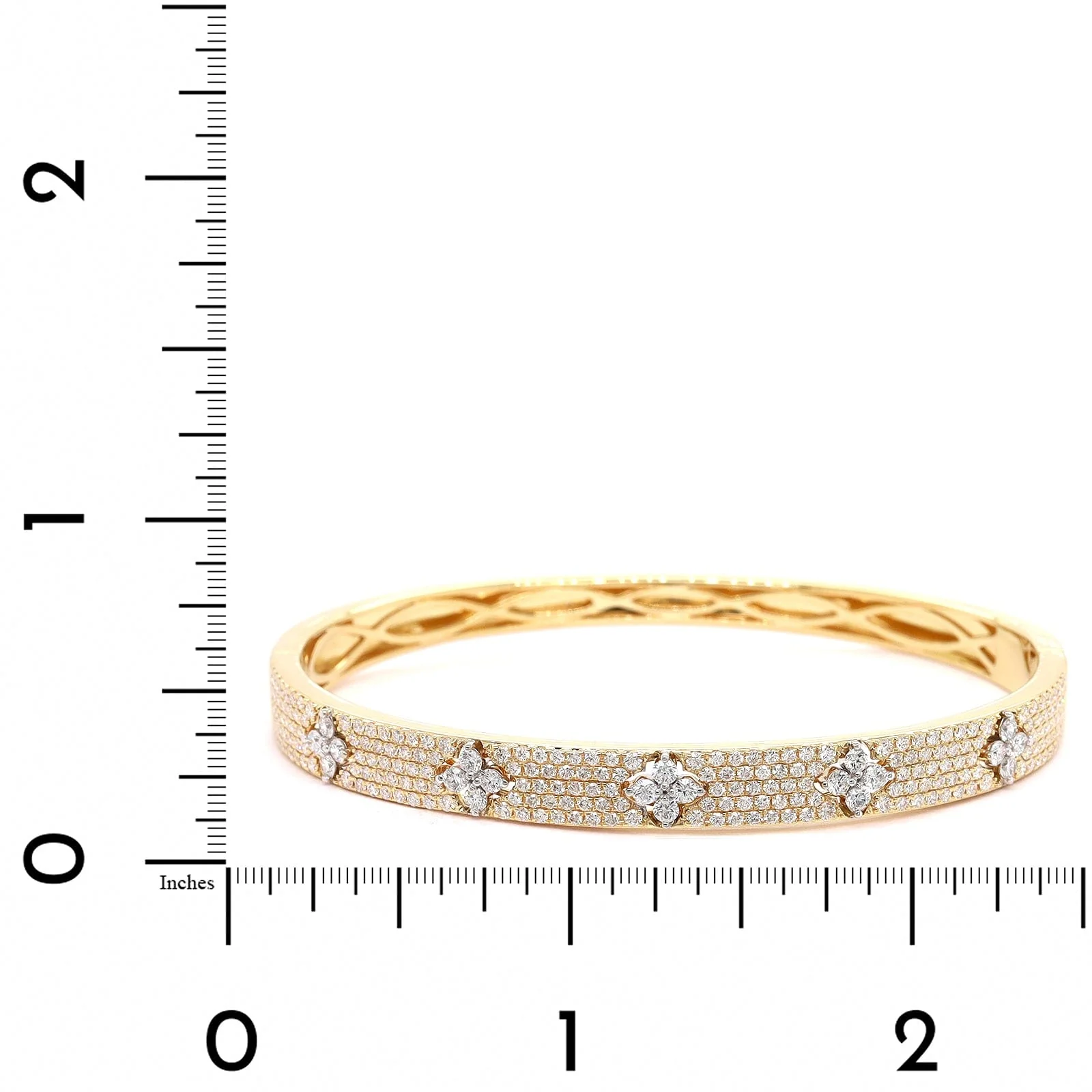 18K Yellow Gold Pave Diamond Clover Station Bangle Bracelet - Image 3