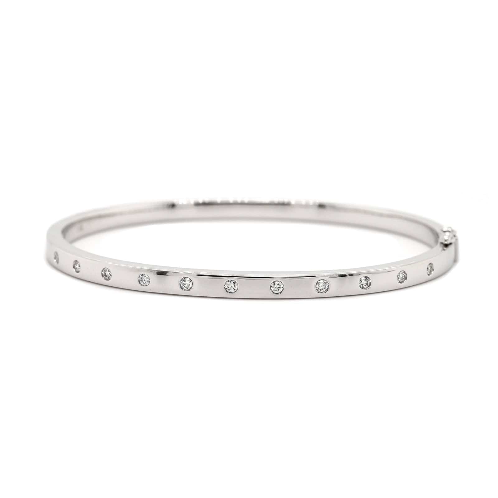 14K White Gold Burnished Set Round Diamond Bangle