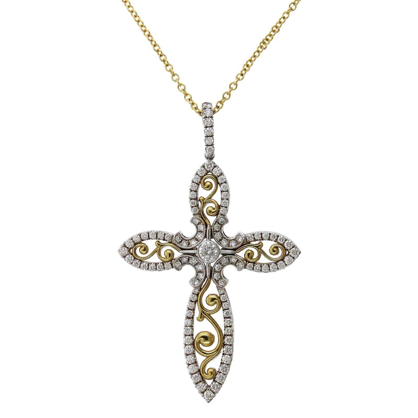 18K Two-Tone Diamond Cross Pendant
