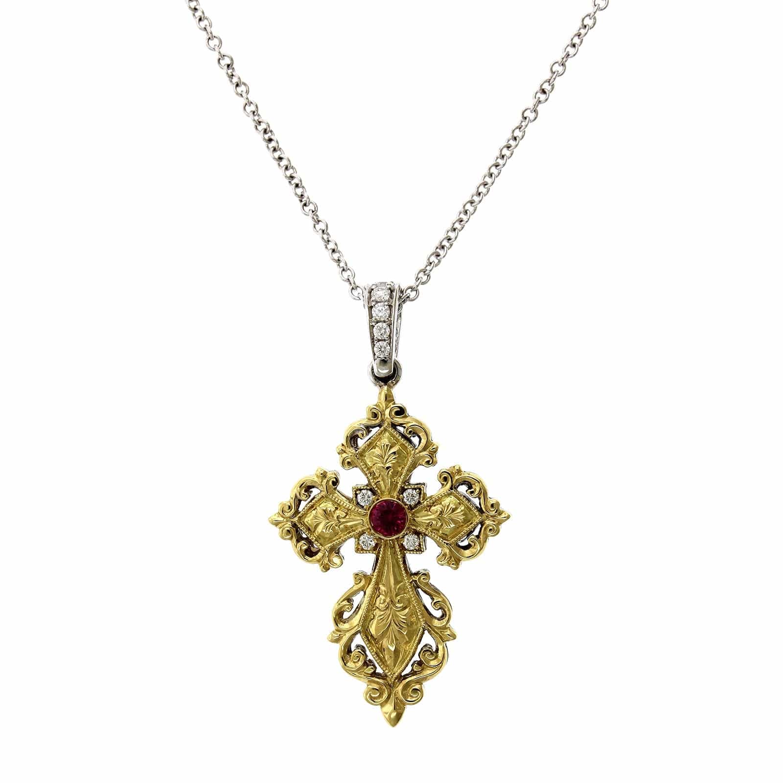 18K Two-Tone Reversible Diamond Ruby Cross Necklace - Image 2