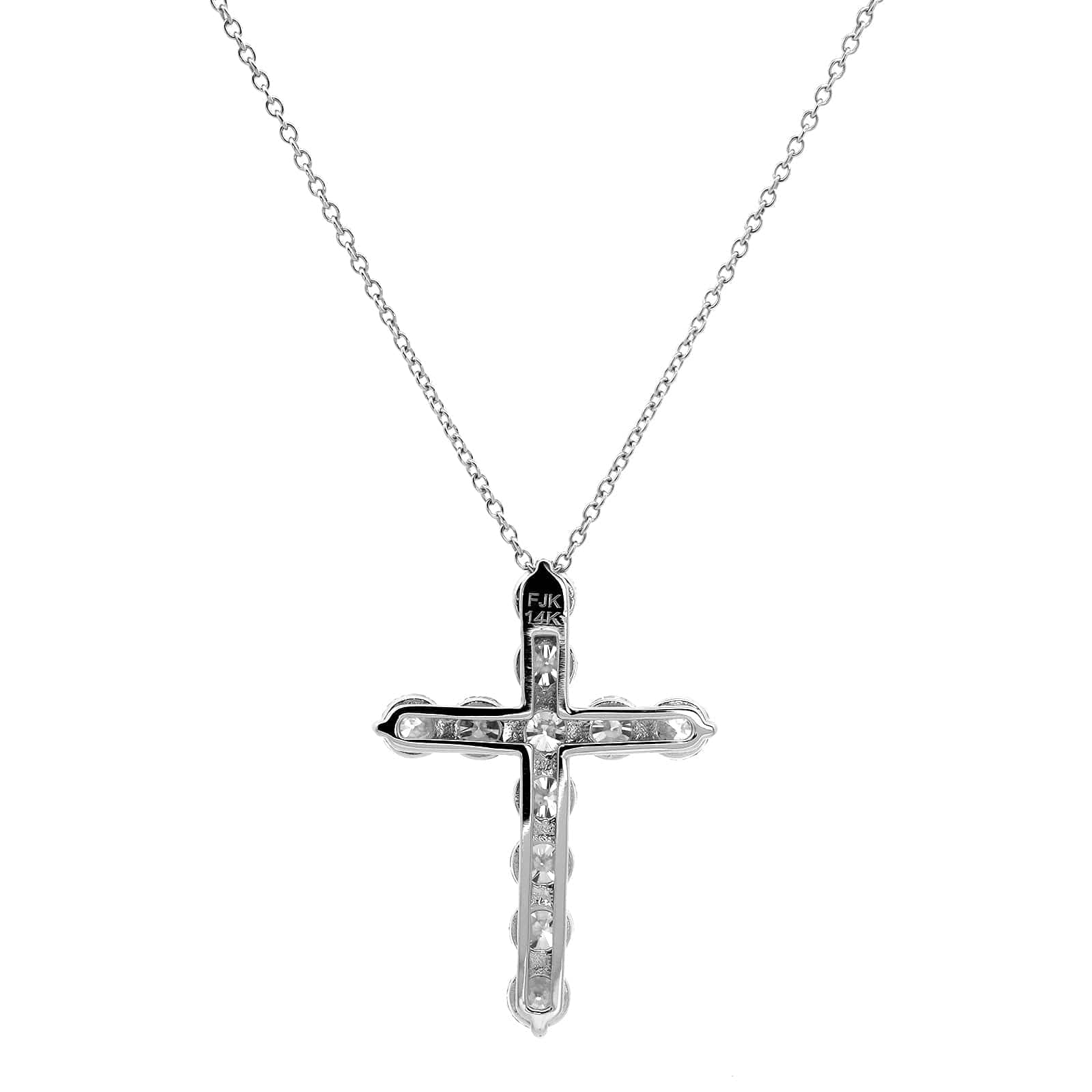 14K White Gold Shared Prong Diamond Cross Pendant Necklace - Image 2
