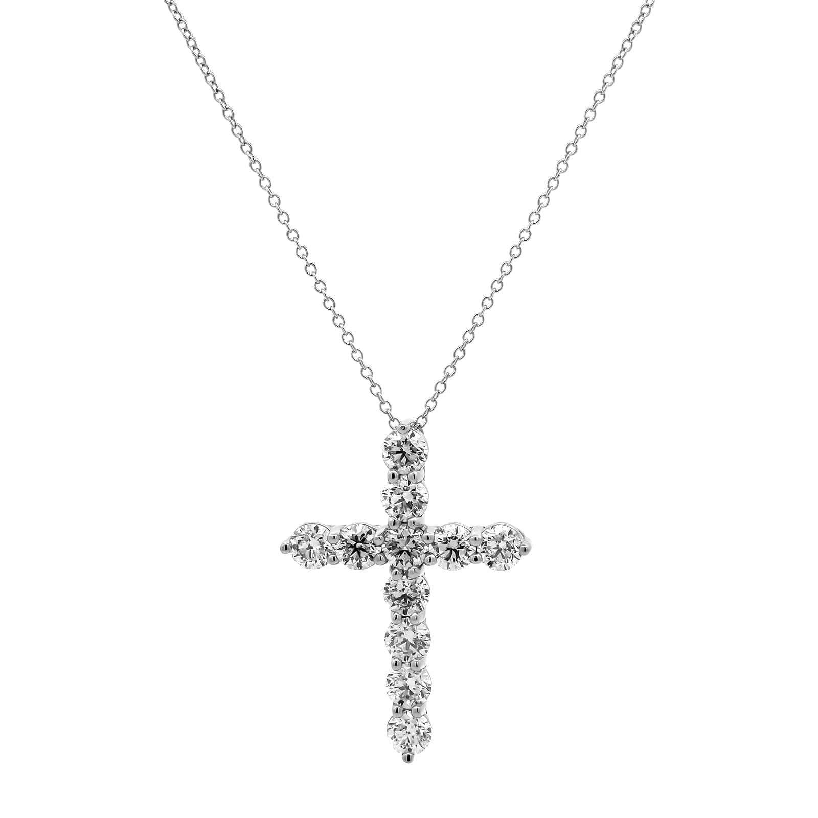14K White Gold Shared Prong Diamond Cross Pendant Necklace