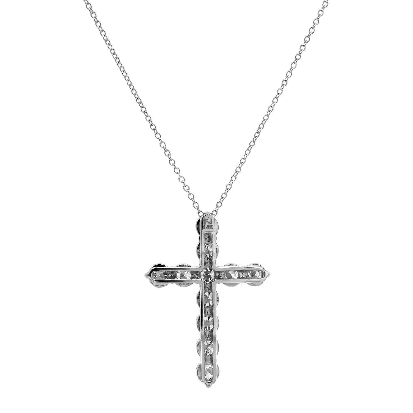 14K White Gold Shared Prong Diamond Cross Pendant Necklace - Image 2