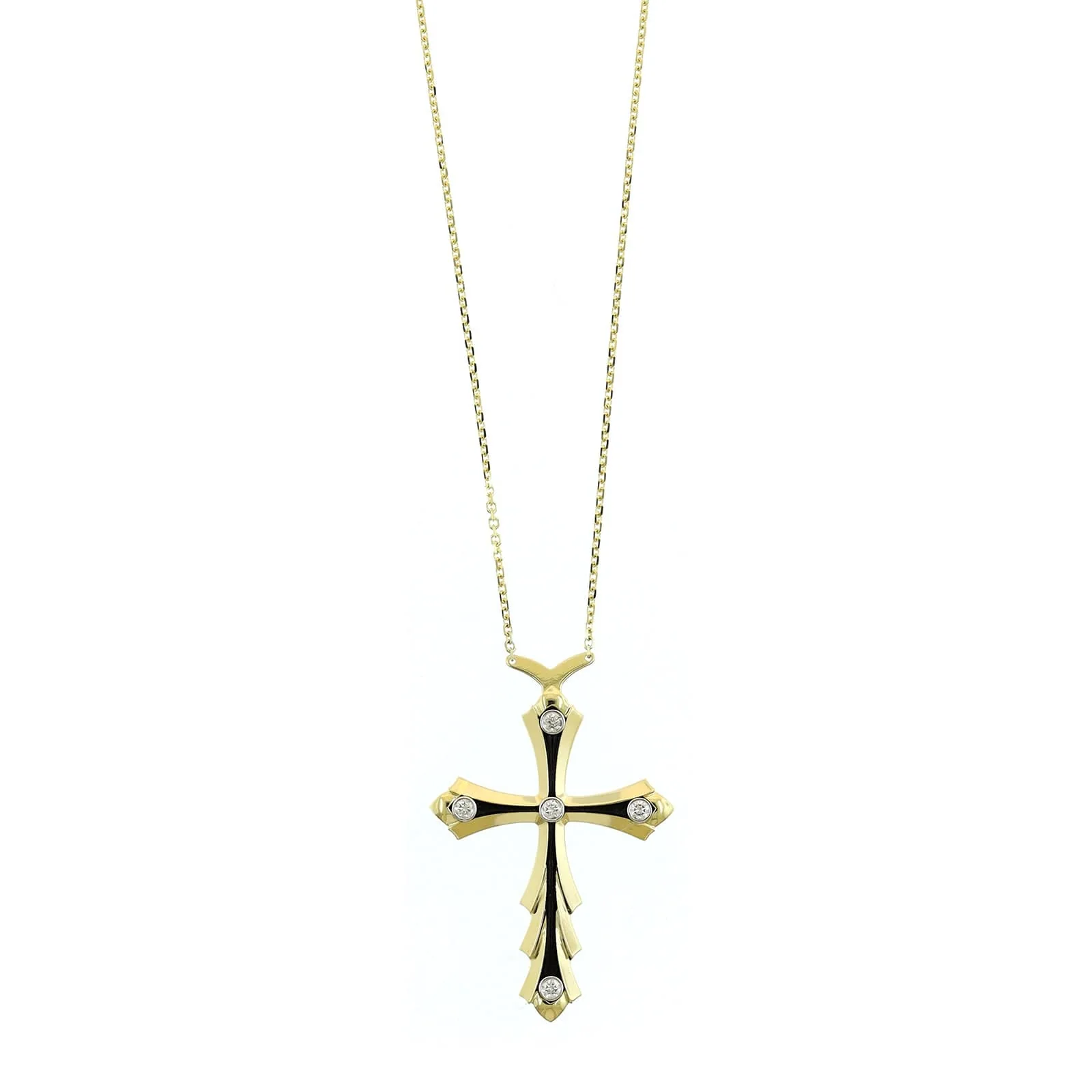 18K Yellow Gold Black Enamel and Diamond Cross Necklace