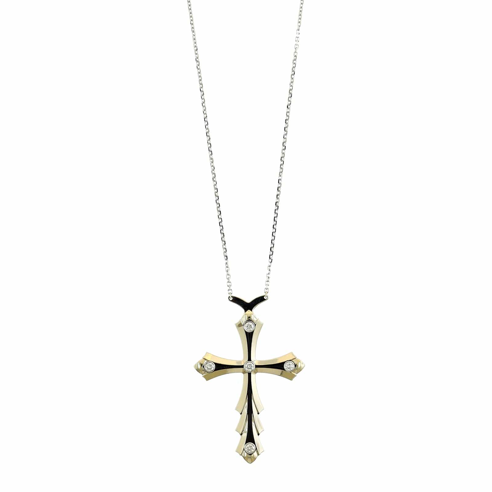 18K White Gold Black Enamel and Diamond Cross Necklace