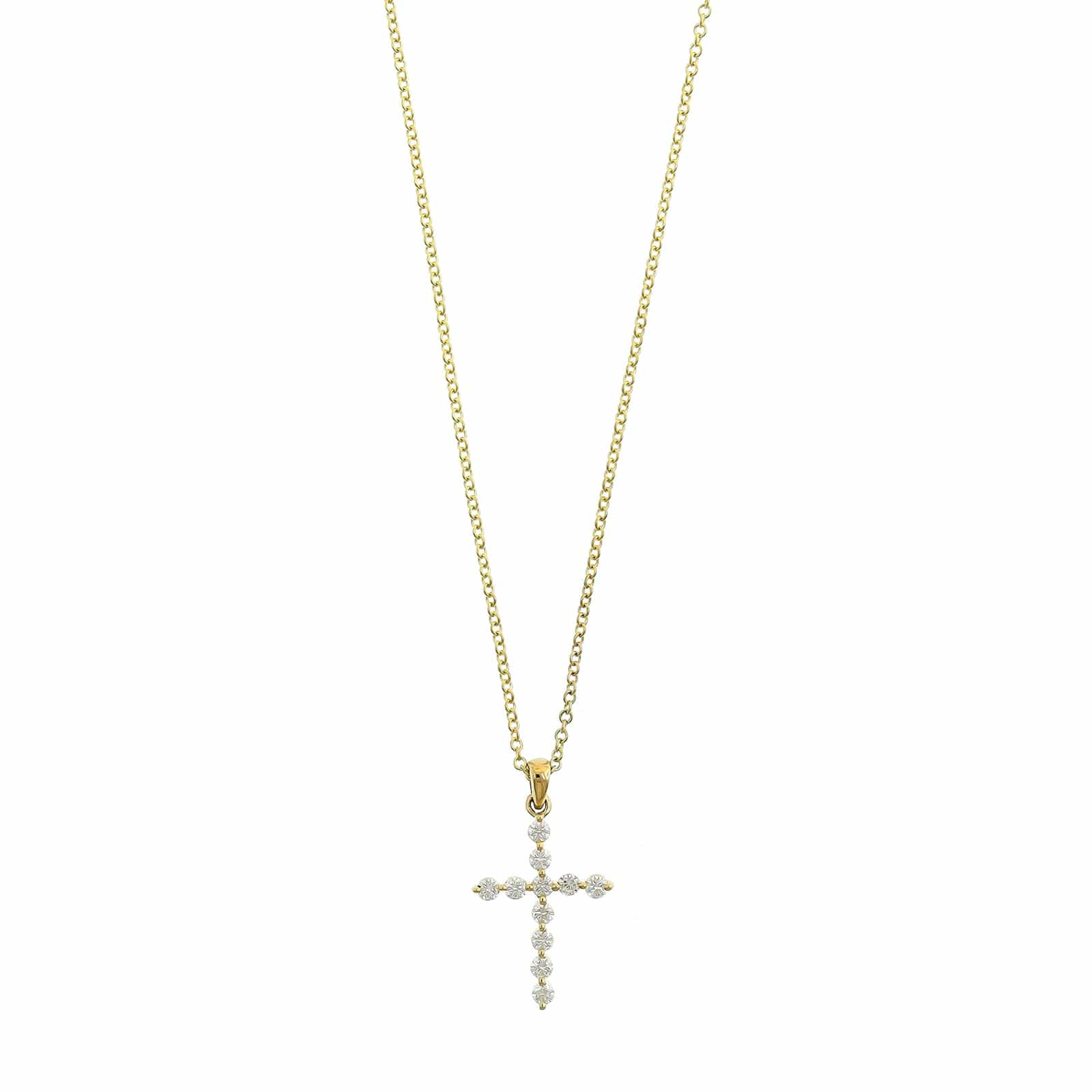 18K Yellow Gold Single Prong Round Diamond Cross Pendant Necklace