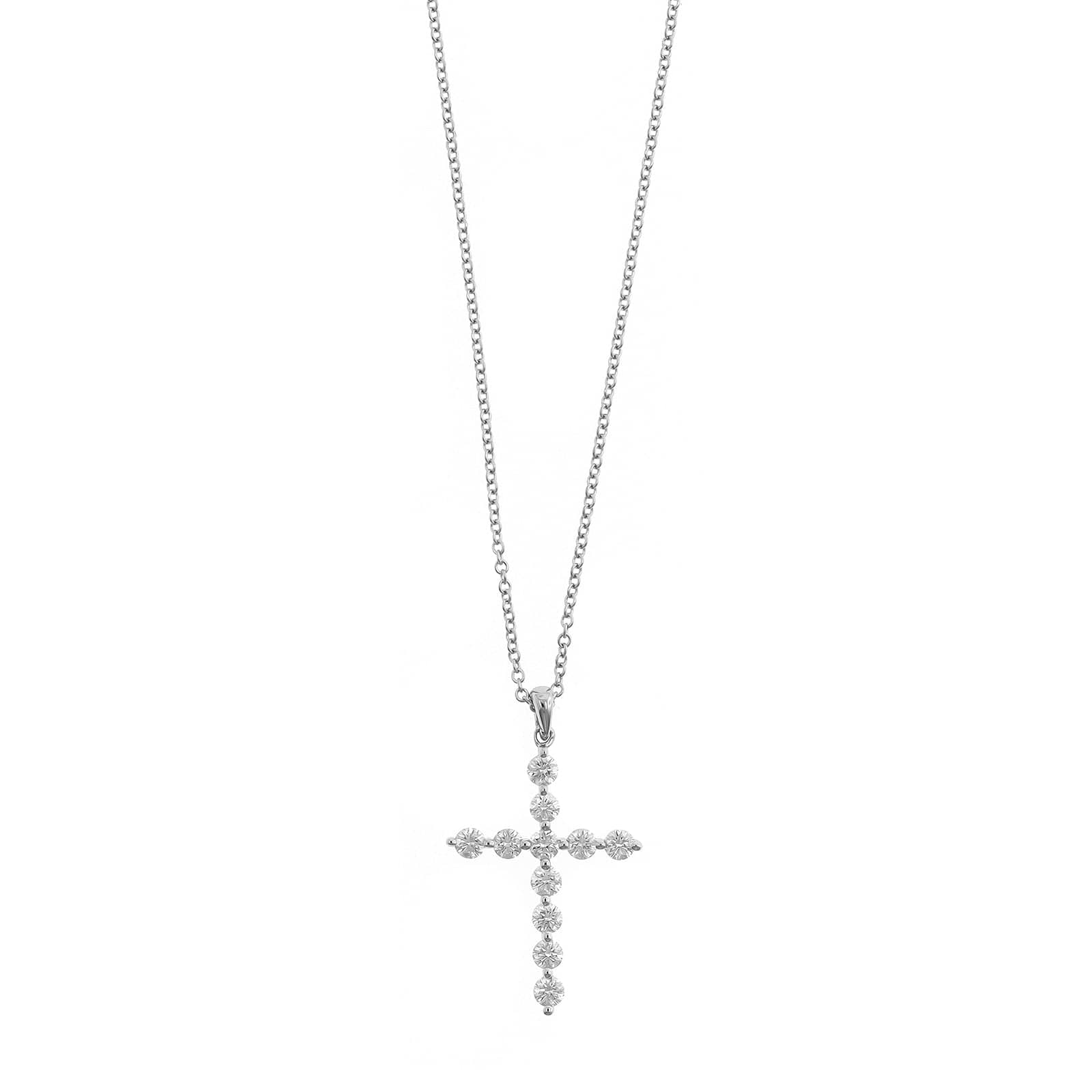 18K White Gold Single Prong Round Diamond Cross Pendant Necklace